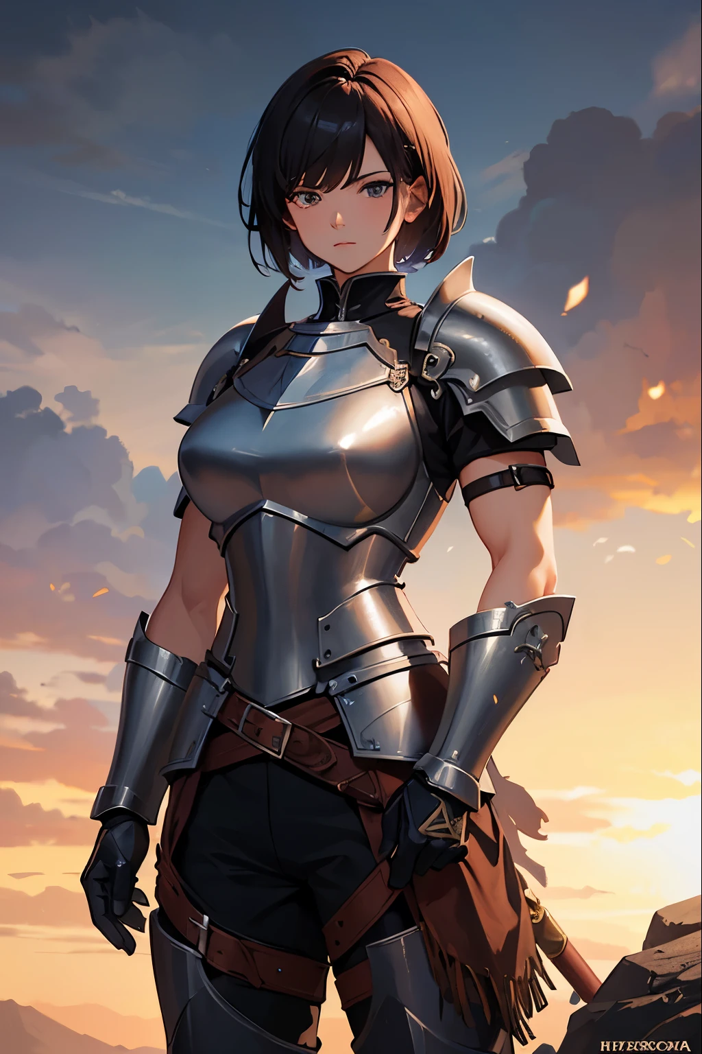 masterpiece, 8k, hd, game character, digital art, 1girl, warrior, ex-knight, mercenary warrior, muscular body build, olive skin colour, black short hair, side swept hairstyle, wearing tattered knight armor, iron pauldron, full iron chestplate, white shirt, long trousers