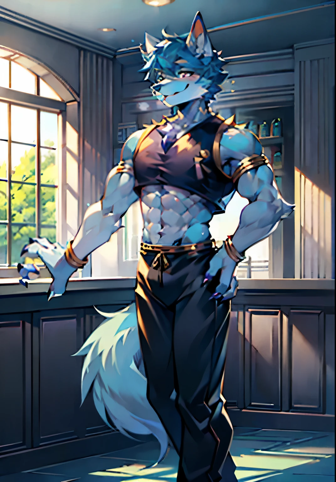 high-definition,cafe,potted,noon,blue sky,single player,Wolf Animal Humanoid,Muscle tissue,out of stock,male figure,full body standing painting,Short hair details,light blue fur,,Furry wolf tail,Dark gray tail root,Tail circle white,dark purple arms,lavender paws,Hands raised two fingers peace sign,The limbs are cat's claws,4 blue fingers,4 blue toes,look left,Happy expression with tongue slightly sticking out,black clothes,black shorts,a silver bracelet,standing posture。