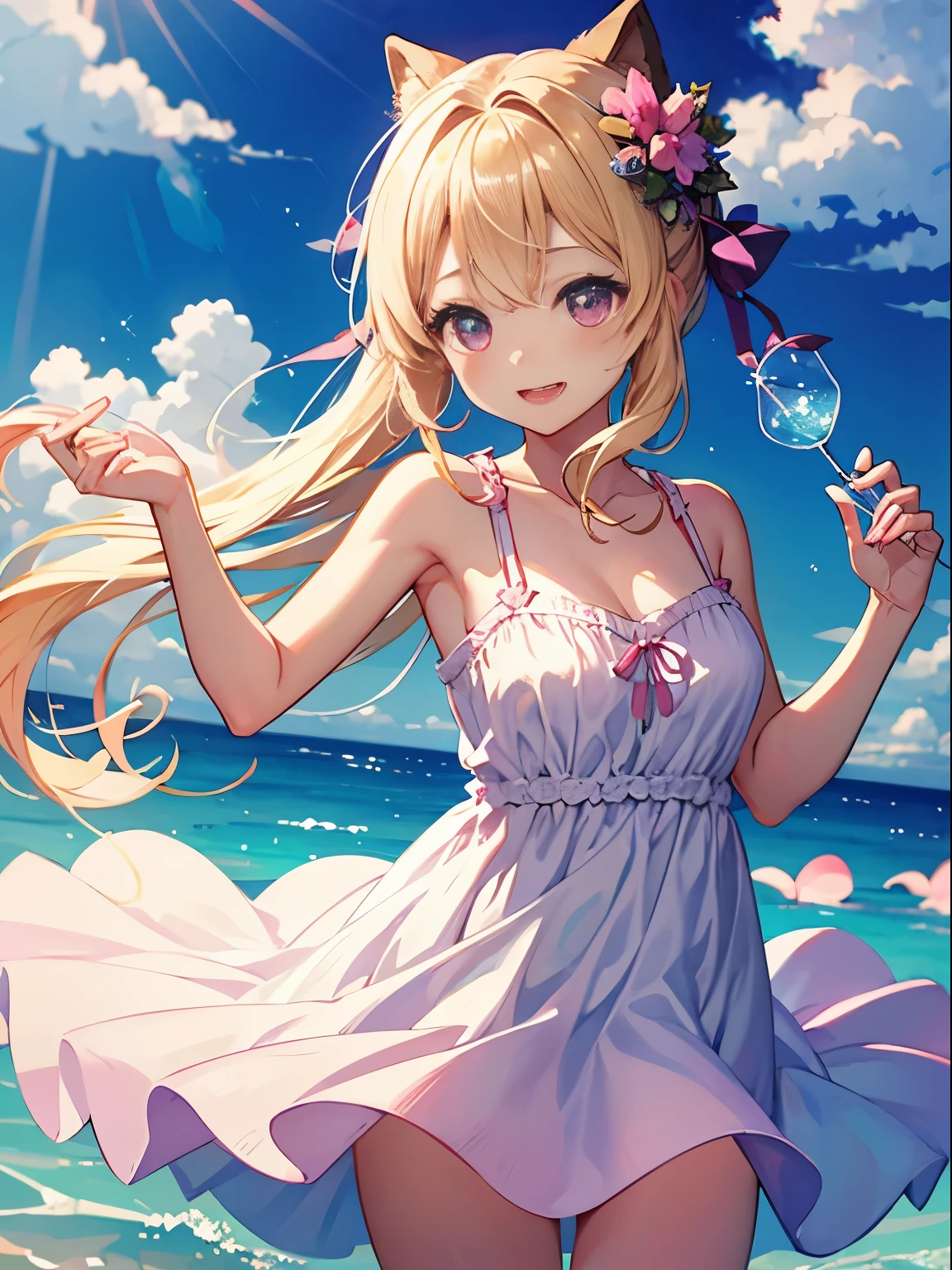 pink eyes、blonde、、cute、超絶cute、Idol、sparkling eyes、Mid summer、sundress、