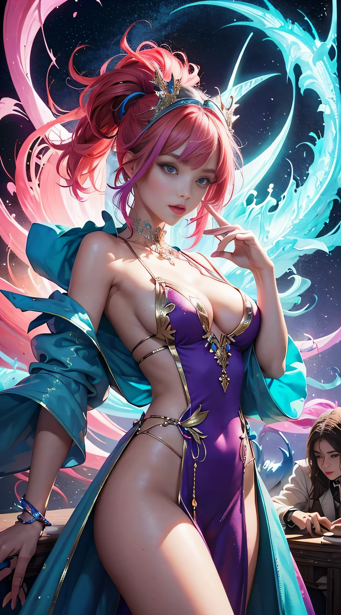 (dessus de la table, of the highest quality, best quality, Art officiel, beautiful and aesthetic:1.2), (1fille:1.3), Extremely detailed,(Fractale artistique:1.2),colored,highest details,( c'c'was neon:1.2), (pose dynamique), (Neons abstraits:1.5), (Robes Tridents:1.2), (peau brillante), (Plein de couleurs:1.4), Haut du corps ,Neon,16k,Full HD , ((les seins sont gros))