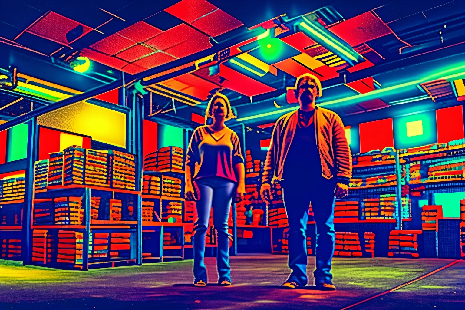 masterpiece，A man and a woman，Stand in the warehouse，Stand in the warehouse，Stand in the warehouse，Stand in the warehouse,  High quality stills, Drunk style，Psychedelic，Stupefied