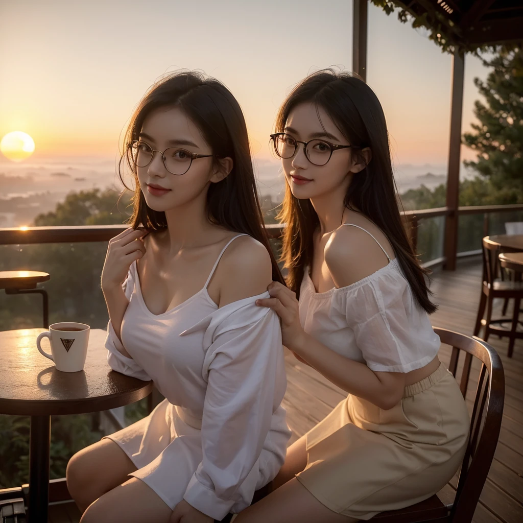(dark scene, soft lighting, high saturated):1.4, vivid illumination, enchanting elegance, atmospheric depth, masterful technique, naturalistic representations, harmonious composition, creative refinement, striking juxtapositions, (1girl, young beautiful woman), sitting on a cafe chair near a cafe table, smile, looking at viewer, from above, sharp focus, detailed white shirts and skirt, shoulder, ((sunset)),volumetric fog, outdoors, backlight, wearing glasses