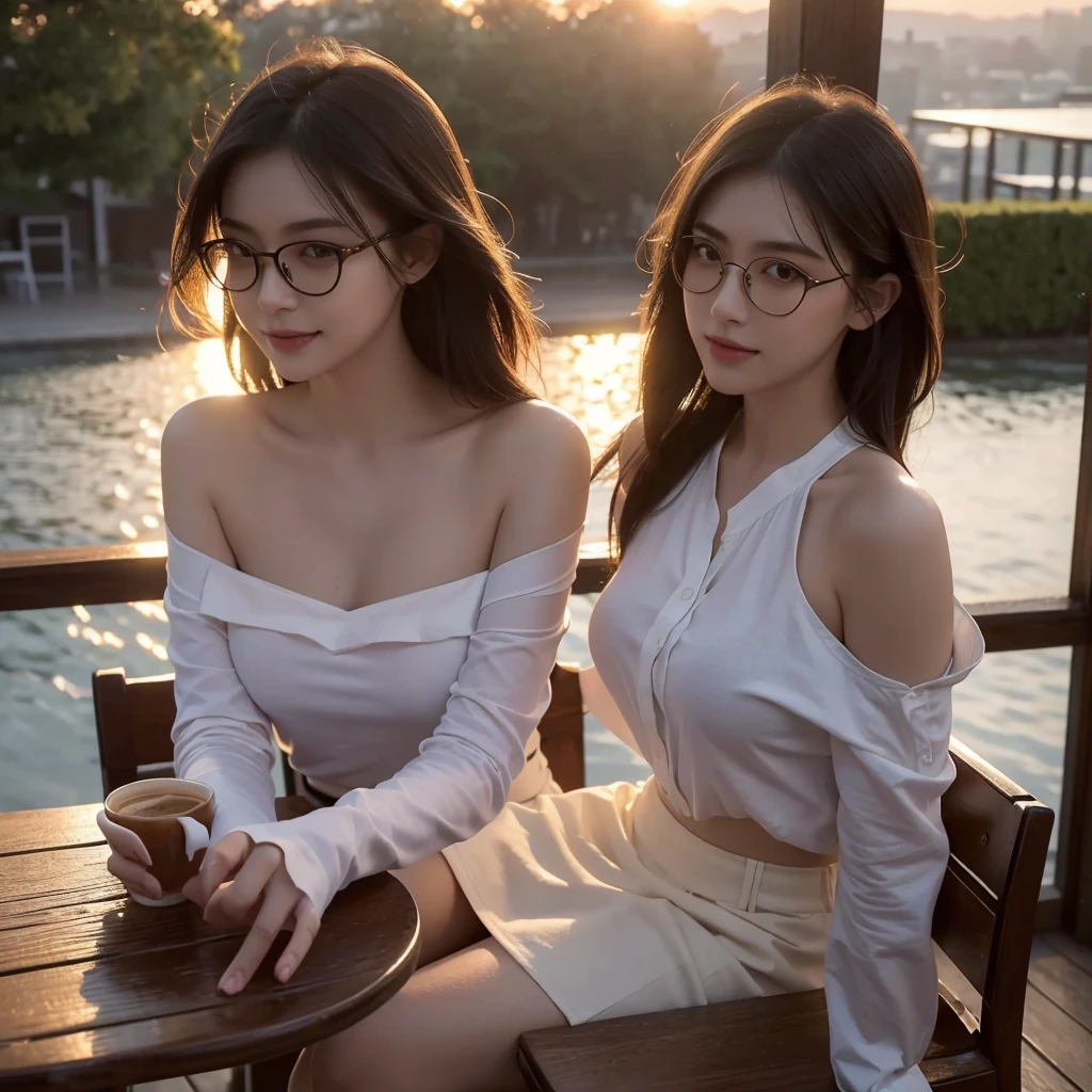 Novel about male and female lovers Young man wearing a white shirt and glasses And a sexy red dress girl, pub, night, sitting on your lap, provocative, beautiful, city view.