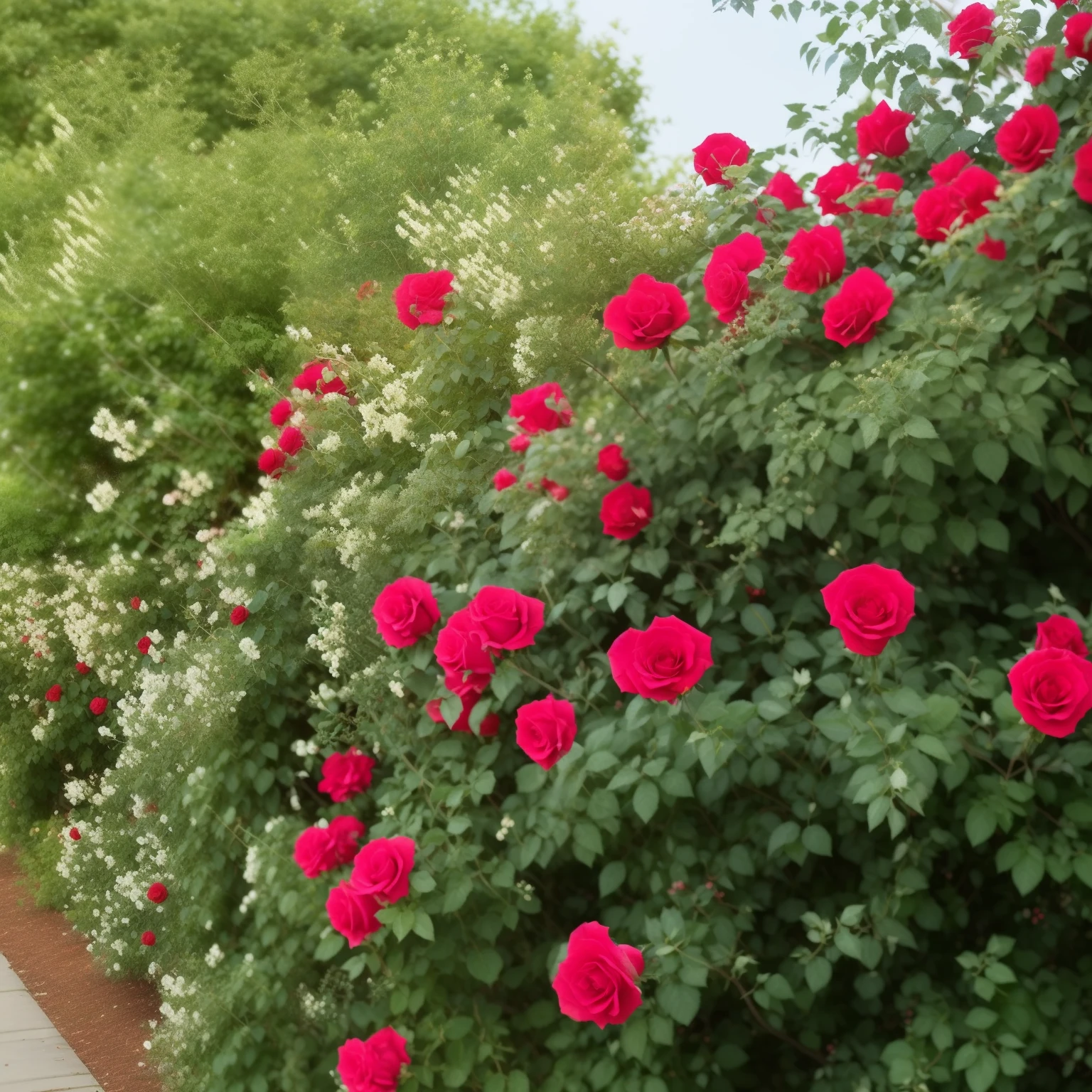 there are many red roses growing on the bush next to a blue building, with soft bushes, small red roses, rose-brambles, red blooming flowers, red roses at the top, red roses, rosa bonheurn, rose twining, rosen maiden, rose garden, flame shrubs, red flowers, roses, red flowers of different types, shrubs, thick bushes