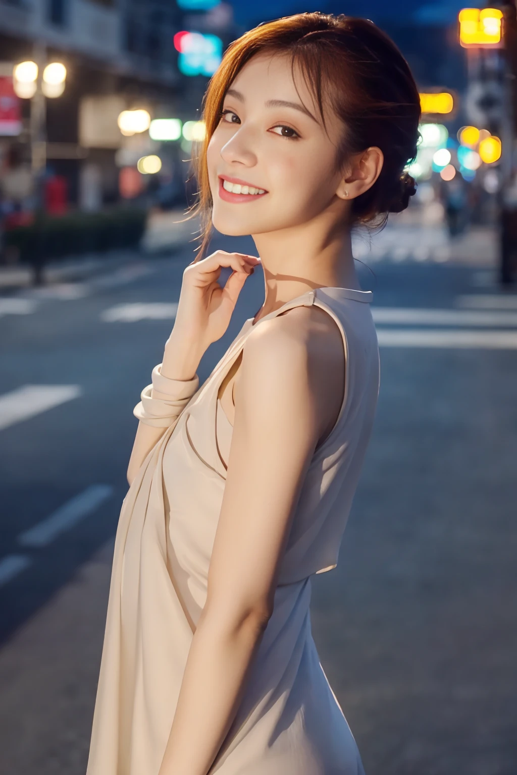 Ulchan-6500-v1.1, (RAW photo:1.2), (Photoreal), beautiful detailed girl, (genuine: 1.4), very detailed目と顔, beautiful and fine eyes, ((Street in city at night:1.3)), ((street ladies fashion:1.3, ))、Self snap、Instagram、huge file size, High resolution, very detailed, highest quality, [masterpiece:1.6], very detailed, finely, highest quality, 8k wallpaper, movie lighting, 1 girl, 18-year-old, perfect body shape, cute droopy eyes beautiful big eyes、((table top)), highest quality, eye shadow,  portrait, ((full body shot:1.4))、(very affectionate smile:1.2)、realistic skin texture、shiny skin