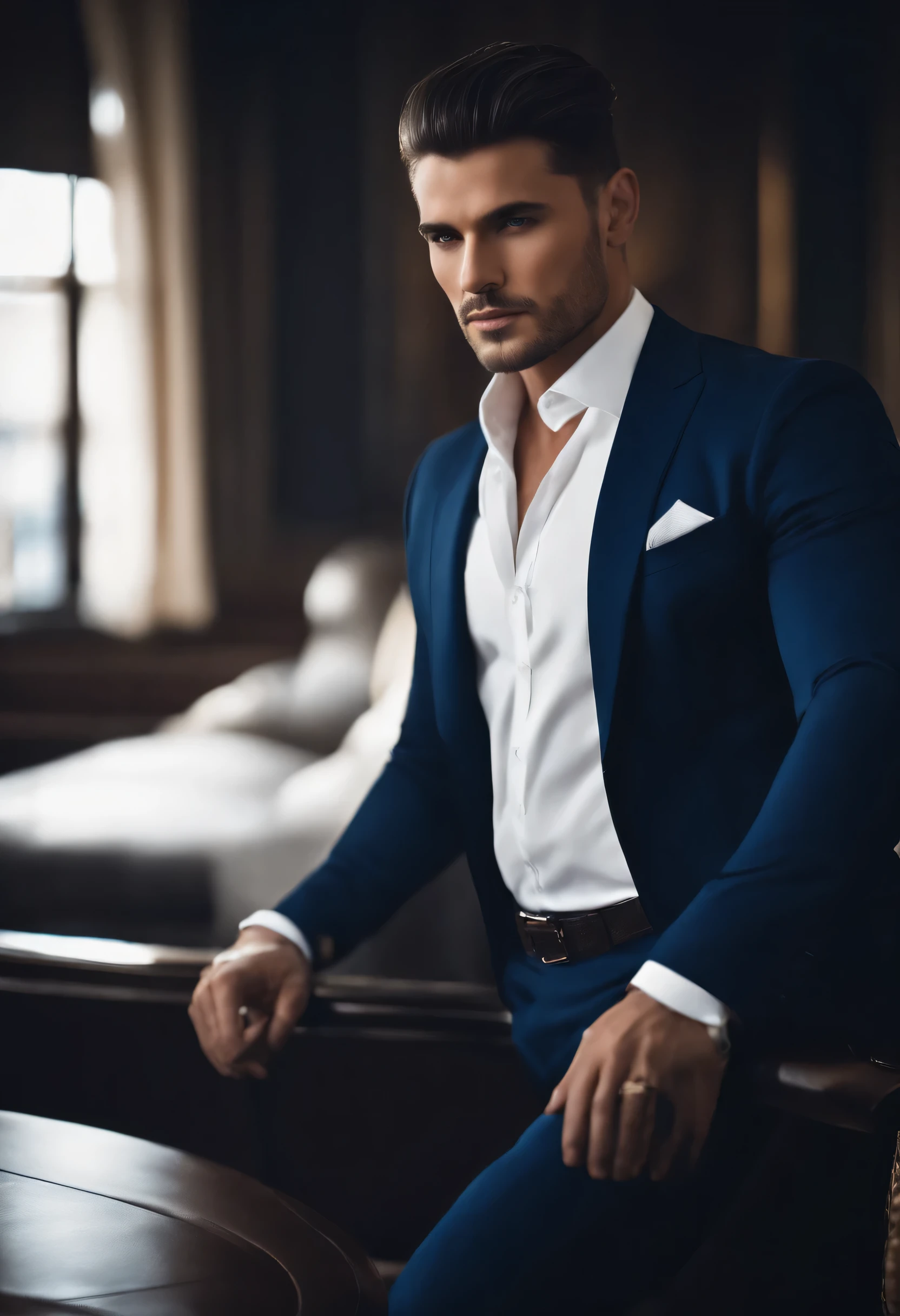 (Hommes professionnels en vêtements élégants), (sans barbe,) (yeux bleus) (portrait) Apparence belle et sérieuse., cheveux bleu foncé, élégant et élégant, Et une chemise blanche très formelle et solide., (réaliste, Images de haute qualité), ((meilleure qualité, 10, pièce maîtresse).
