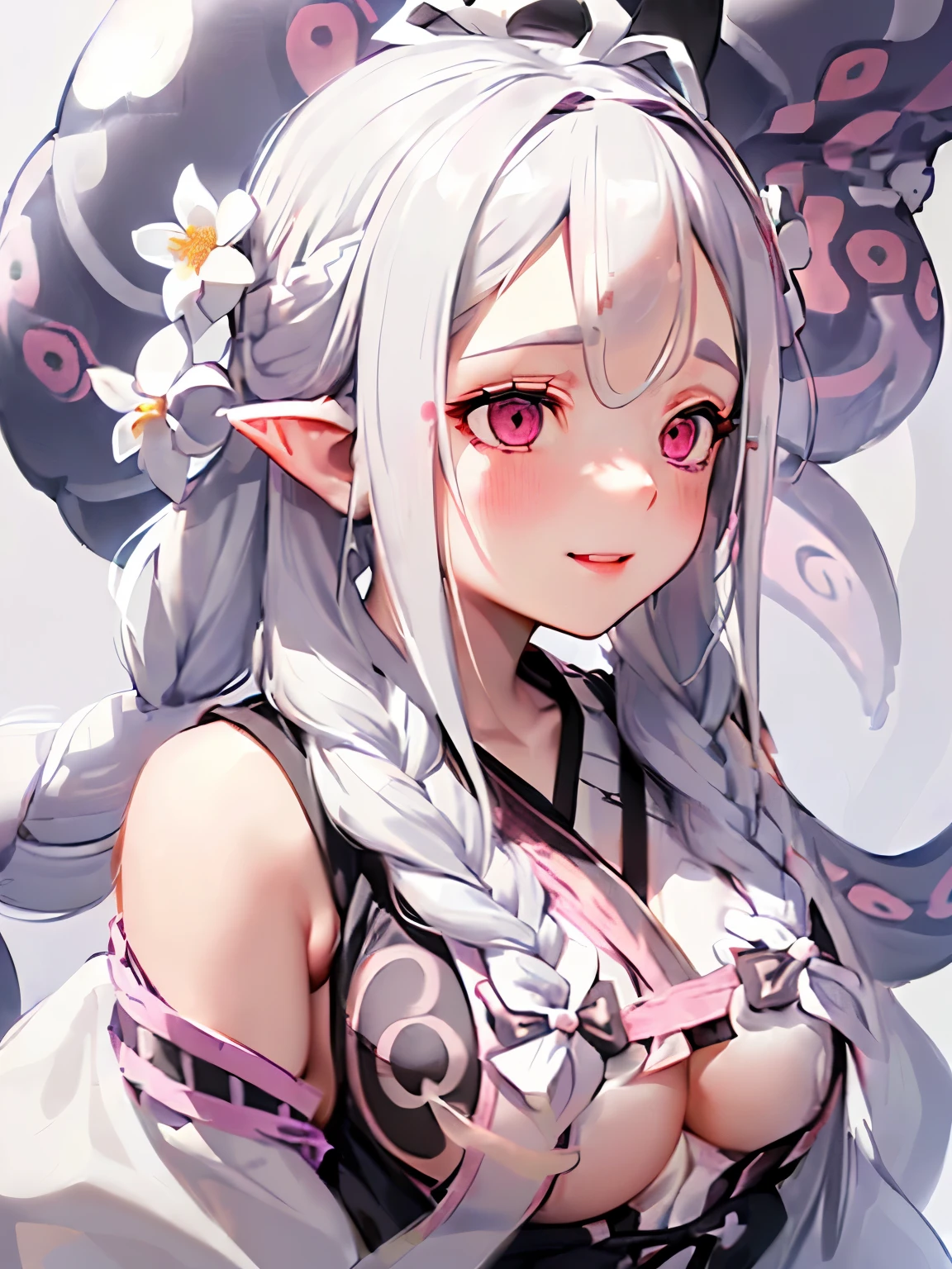(gray hair:1.2),(braided long hair:1.3),(hair tied up loosely:1.25),(big ribbon:1.3),(Eye size:1.5),(sphere accessories:1.3),((Sabot fashion:1.4)),(Background full of blooming flowers:1.5),(blush),(upward glance:1.3),(small breasts:1.2),((look up:1.25)),(smile:1.2),(Tentacles tangled:1.6),((close up of face:1.3)),((Boob matching:1.4)),(((All White:1.3))),