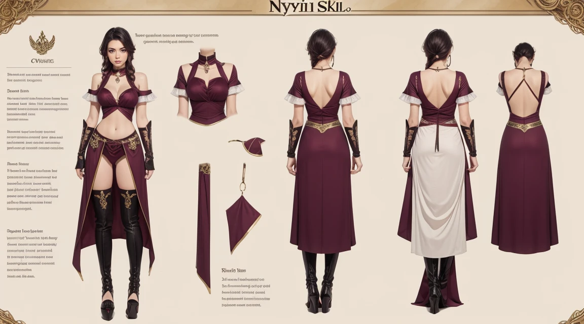 ((character concept art)), ((character design sheet, same person, multiple pose)),(full body view),(adult MILF), Solo, Tall stature, goddess,, Medieval, pale skin, prominent cheekbones, dark red hair in bun, black lace dress, curvy, lipstick