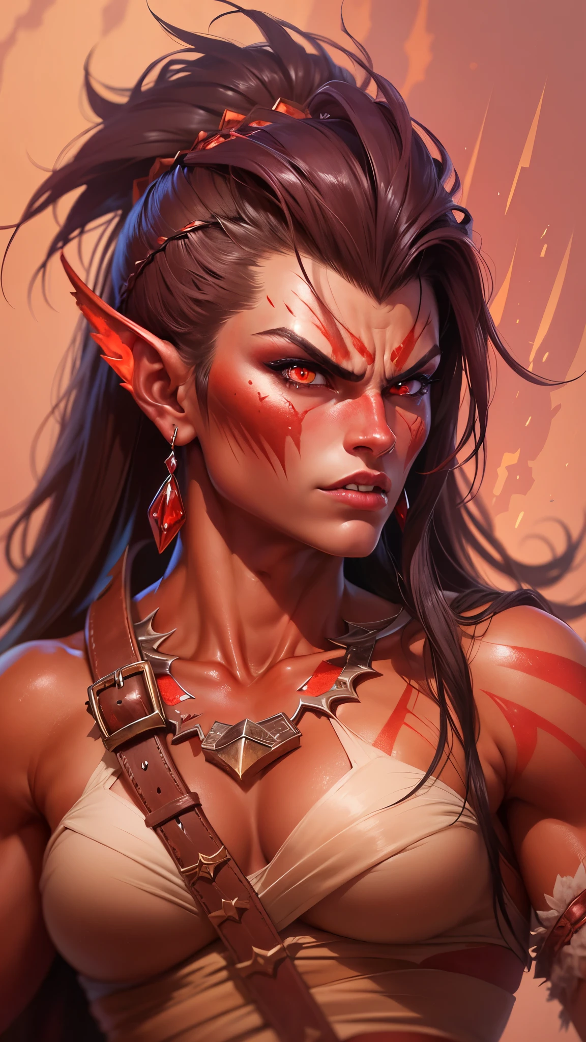 Angry tan draconic female barbarian. She is tall, broad-shouldered, thin-waisted, slim-hipped, fit, toned, lean. Defined abs and muscles with prominent veins. She wears a simple loincloth. Her skin has subtle red scales. Long wild mohawk, glowing ruby red eyes. Intense expression