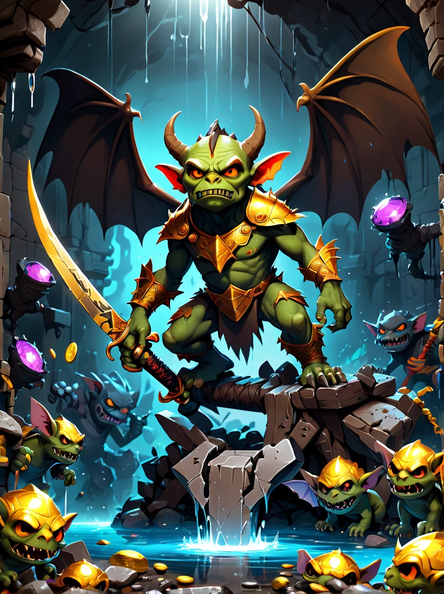 dragon&#39;s underground lair，Full of treasures in the dark and damp、bones and weapons，（low-light，shadow，weird lights），huge bat-like folding wings，（horned，scaly，Reptilian），sparkling eyes gaze，Sword and Ax Collection，Chest full of gold coins and gems，Pool of water and minerals，（fog），surrounded by net，（Warning tape），Featuring goblins equipped with armor and weapons，Orc and Troll Guards，（Threat exists），Extremely detailed settings, graffiti in the style of Keith Haring,sharpie illustration, Bold lines and solid colors, Simple details, minimalist，\(qline\)