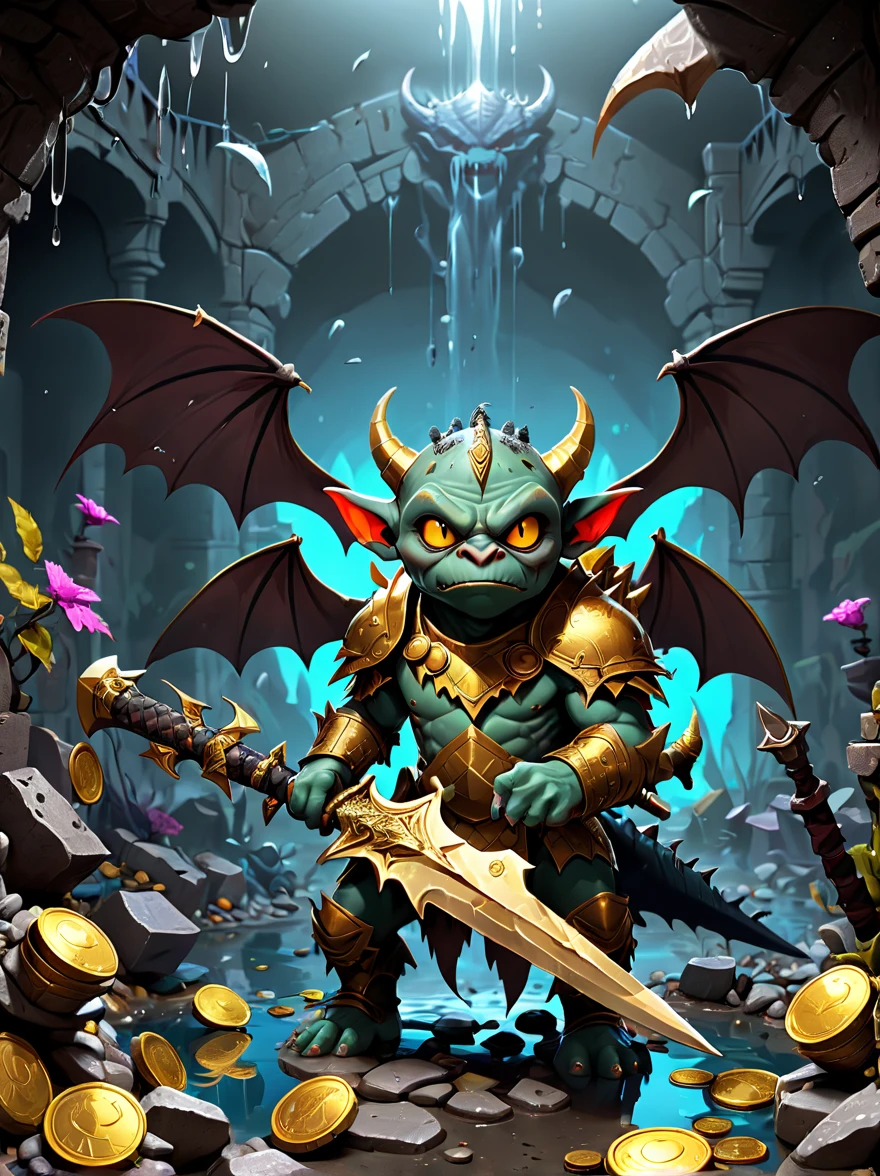 dragon's underground lair,Full of treasures in the dark and damp、bones and weapons,(low-light,shadow,weird lights),huge bat-like folding wings,(horned,scaly,Reptilian),sparkling eyes gaze,Sword and Ax Collection,Chest full of gold coins and gems,Pool of water and minerals,(fog),surrounded by net,(Warning tape),Featuring goblins equipped with armor and weapons,Orc and Troll Guards,(Threat exists),Extremely detailed settings, graffiti in the style of Keith Haring,sharpie illustration, Bold lines and solid colors, Simple details, minimalist,\(qline\)