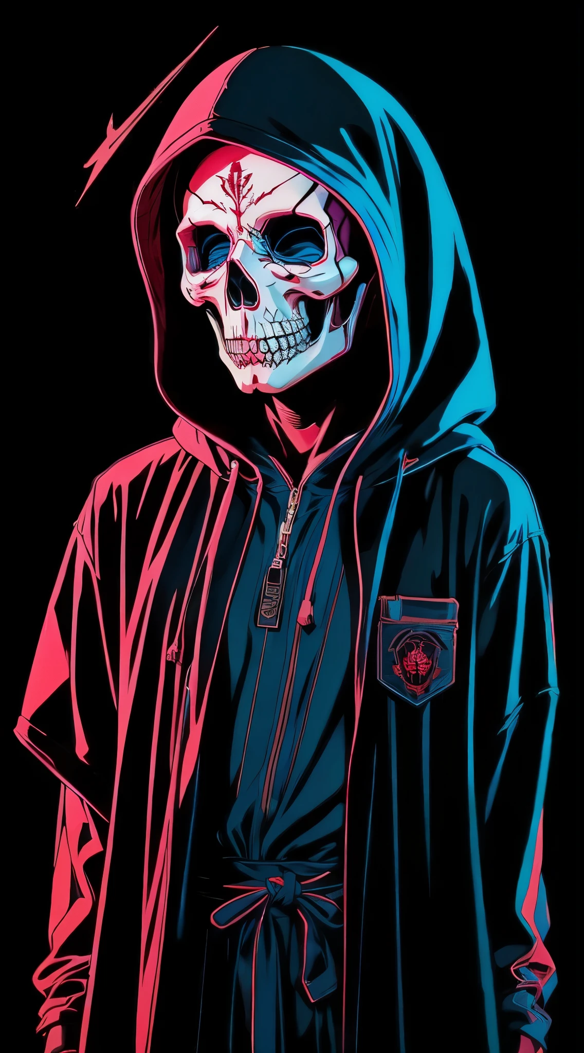 hood, skull, skeleton, solo, 1boy, male focus, fire, robe, hood up, cloak, upper body, copyright name, black background,skull face,skull tattoo on facezdeath,soul,soul reaper , holding a syth,syth welder