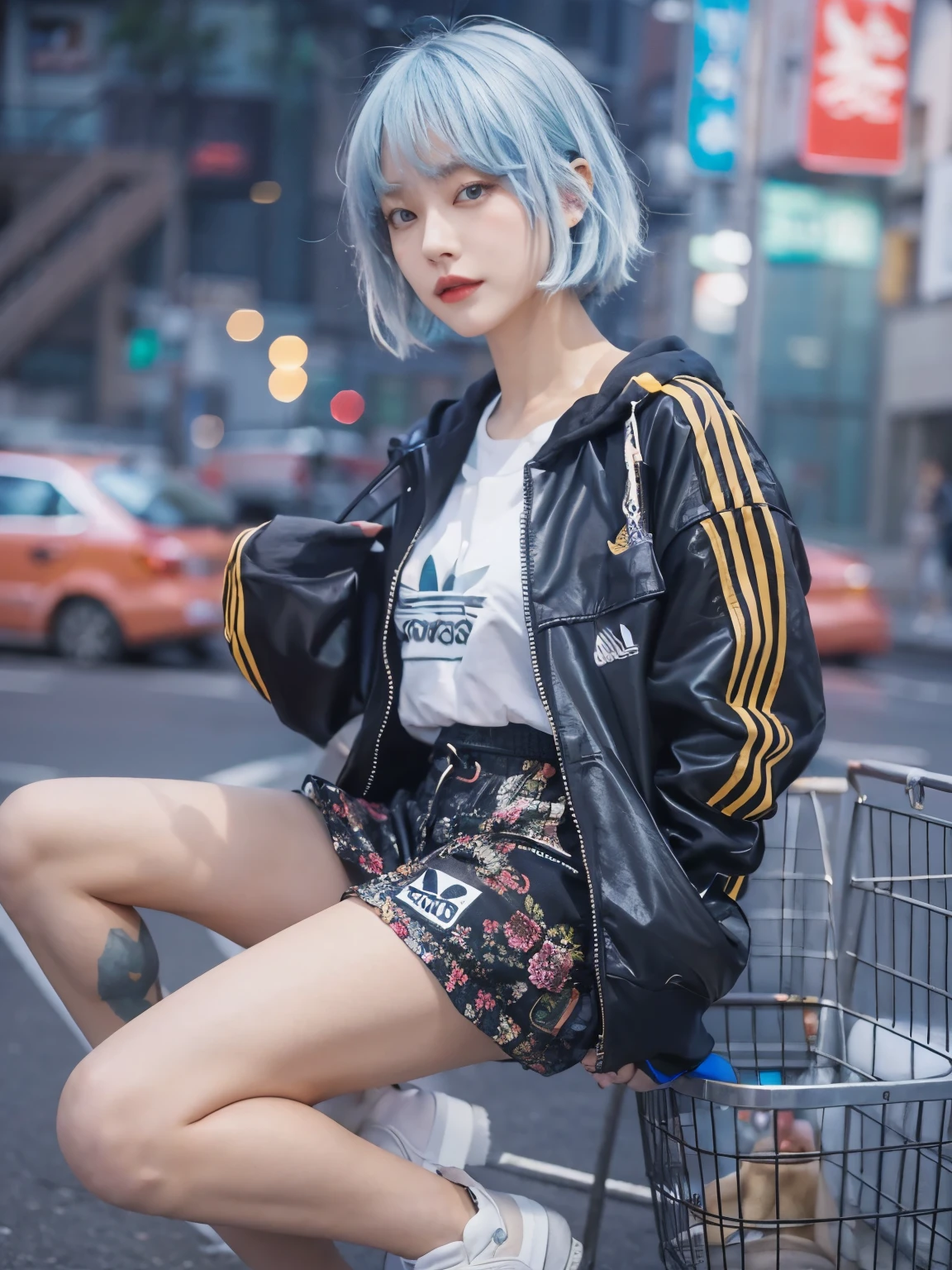 wearing adidas , kawaii, Bewitching eyes, well-balanced eyes, //street snap //fashion model posing, ((facing viewer)), //at the street, //japanese lady, pale skin, //short hair, blue hair, // high quality:1.3, Professional lighting:2.0 realistic:1.2, 4k resolution, detailed skin, masterpiece:1.1, big breasts, fullbody,