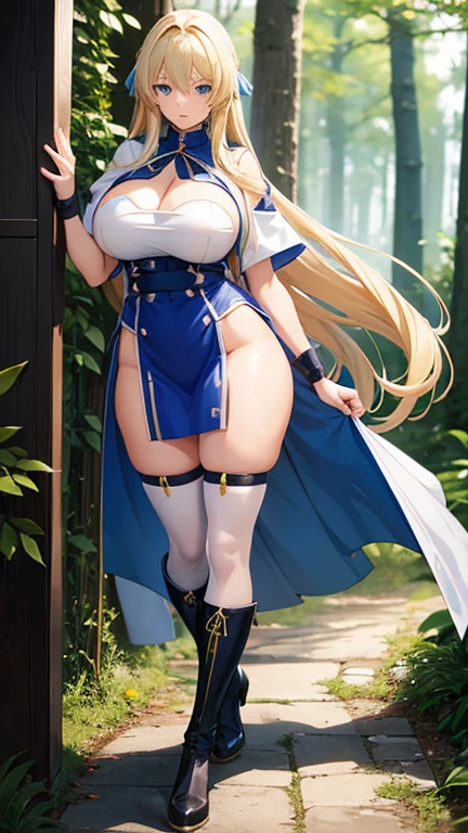 anime (Sekirei), lady , sexy (very big tits ), actress (Tsukiumi) , blue eyes , blonde / yellow long hair that is hip / past length, kyonyuu, dress, cape, stockings, boots, hair intakes, collar, She is training to fight in the forest.