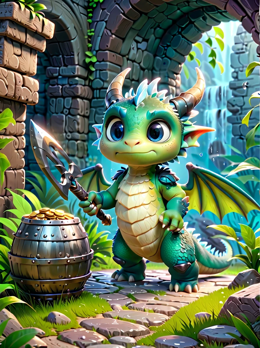 Pixar animation style, (((dragon's underground lair))),(Full of treasures in the dark and damp、bones and weapons),low-light,shadow,weird lights,huge bat-like folding wings,horned,scaly,Reptilian,sparkling eyes gaze,Sword and Ax Collection,Chest full of gold coins and gems,Pool of water and minerals,(fog),surrounded by net,(Warning tape),Featuring goblins equipped with armor and weapons,Orc and Troll Guards,(Threat exists),Extremely detailed settings,Made of marshmallow material, c4d, 8k, HD quality