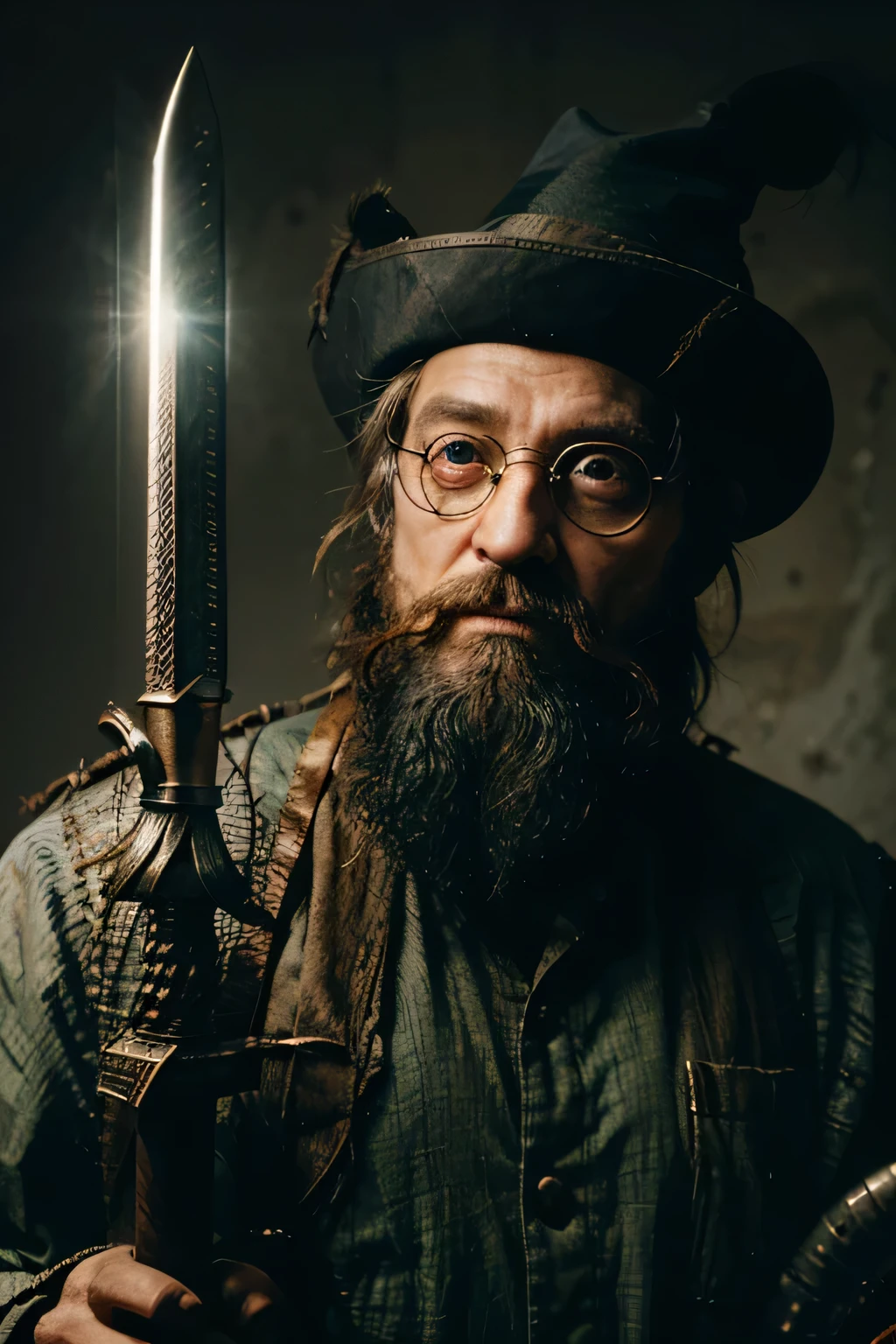 wizard, old_wizard, aged, unkempt_beard, mechanical_augments, glass_monocle, single_monocle_in_left_eye, holding_scifi_sword, glowing_neon_green_sword, burning_intent_in_eyes