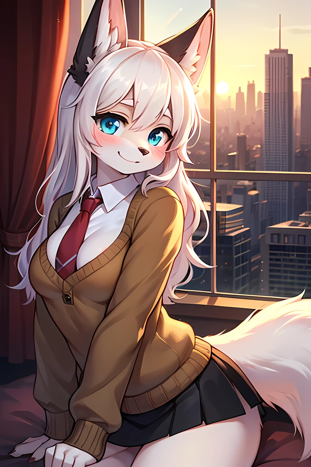 absurd, fur, female fur, Anthro, Art Station Trends, Uploaded to E621, detailed portrait of a Anthro woman, extreme detail, 디테일한 푹신한 fur, whole body, blushing, detailed eyes, (shaded), (detailed lighting), (cinematic lighting), (masterpiece, there&#39;s nothing there, RAW photos, high resolution, high details, best quality), high quality, (high clarity:1.3), fox ears, fox tail, long hair, split bangs, (trembling_hair:1.3), white hair, Aqua Eye, small breasts, brown cardigan, White sweater, black skirt, room, looking at viewer, laugh, from the side, window, cityscape, sunset, sight, necktie