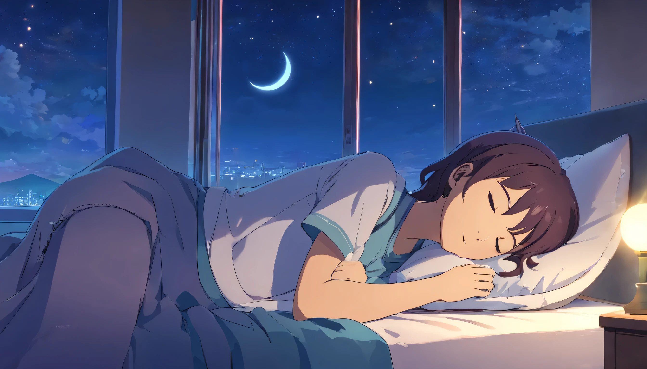 (masterpiece) a girl (Miss) lying in bed sleeping, In her bed, wearing headphones, A window showing the moon and stars, calm, peaceful, thinking, normal, color grading, Nice color coding,