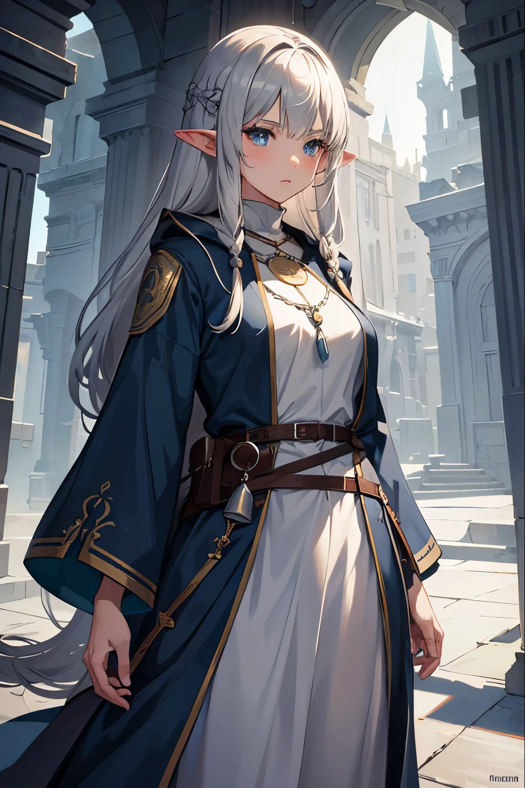 masterpiece, 8k, hd, game character, digital art, 1girl, medium breast, sage druid, wanderer, wearing navy blue cloak, silver amulet on neck, traveling adventurer attire, long silver hair, elven, pointy ears, fair white skin, sharp woman elven features