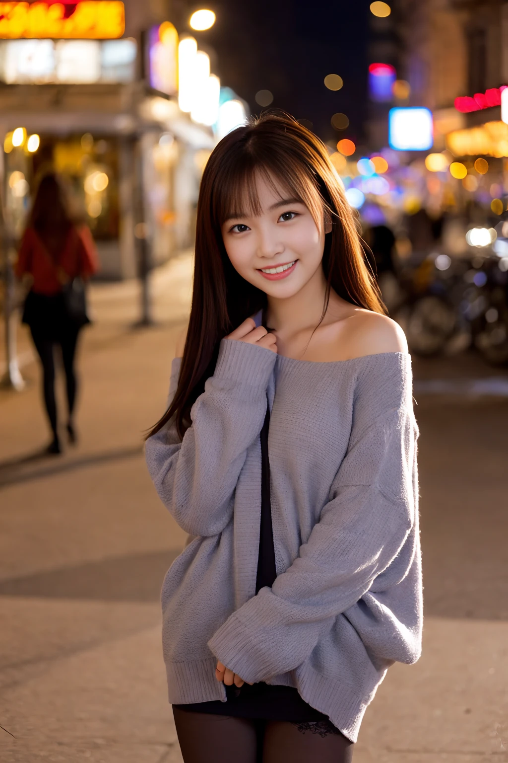 Ulchan-6500-v1.1, (RAW photo:1.2), (Photoreal), beautiful detailed girl, (genuine: 1.4), very detailed目と顔, beautiful and fine eyes, ((Street in city at night:1.3)), ((street ladies fashion:1.3, super realistic pantyhose:1.2))、Self snap、Instagram、huge file size, High resolution, very detailed, highest quality, [masterpiece:1.6], very detailed, finely, highest quality, 8k wallpaper, movie lighting, 1 girl, 18-year-old, perfect body shape, cute droopy eyes beautiful big eyes、((table top)), highest quality,  ((full body shot:1.4))、(very affectionate smile:1.2)、realistic skin texture、shiny skin