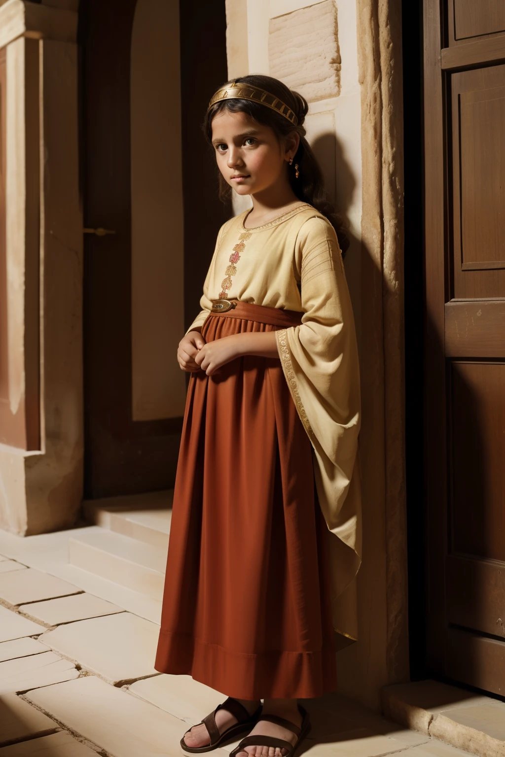 Rome, 77 BC. A young ((((10-year-old)) Cornelia Cinna)), posh girl, colorful room, ((intimidated shy expression)). ((((roman clothings from the 1st century BC))))