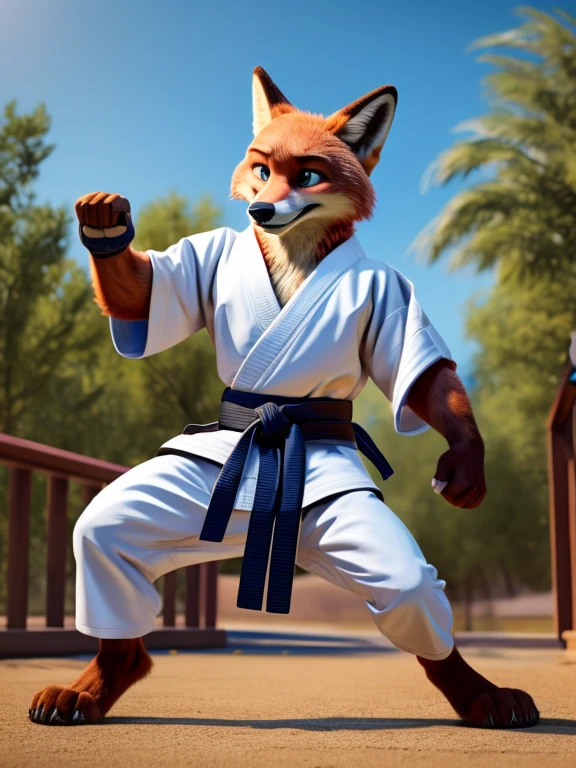 full body picture, full figure image, masterpiece, best quality, soft light, bokeh, real shadow, cinematic, high resolution, Barefoot Nick Wilde wearing dark blue karate kimono with 5th dan black belt, long karate kimono pants, training karate in gym of police department, solo, performing kick, standing on one leg, second leg rised up in a high kick, detailed nice big dog feet paws with claws and pawpads.  a fox male, martial art pose, fighter pose, fight pose, in a fighting pose, heroic muay thai stance pose, fighting stance, kung-fu stance, in fighter poses, high kick, karate pose, in a fighting stance, fighting pose, fighting posture, kickboxer fighter, full body action pose, anatomically correct, digital art style, photoreal, visible feet, nice big paws with pawpads