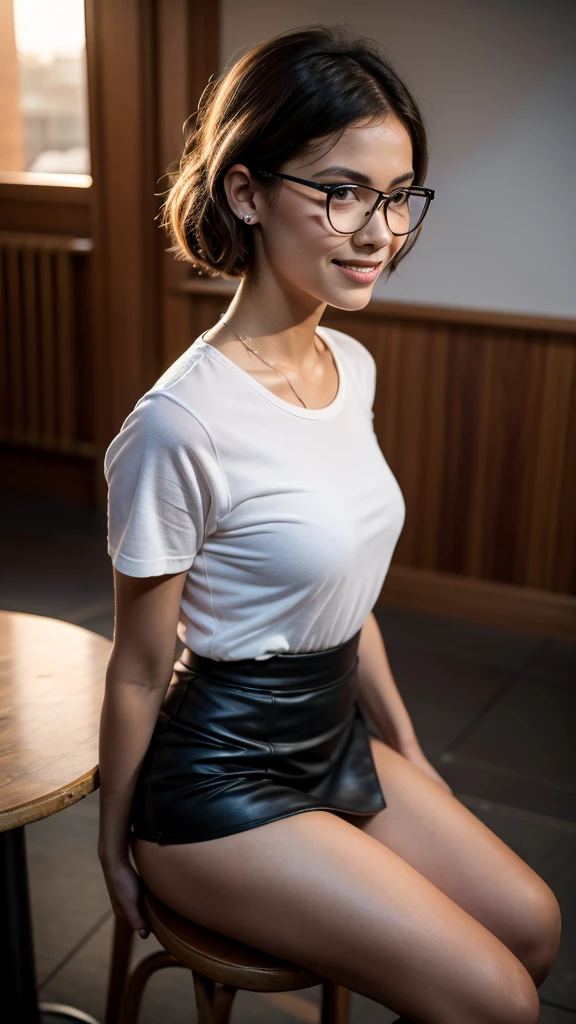 (dark scene, soft lighting, high saturated):1.4, vivid illumination, enchanting elegance, atmospheric depth, masterful technique, naturalistic representations, harmonious composition, creative refinement, striking juxtapositions, (1girl, young beautiful woman), sitting on a cafe chair near a cafe table, smile, looking at viewer, from above, sharp focus, detailed white shirts and skirt, shoulder, ((sunset)),volumetric fog, outdoors, backlight, wearing glasses