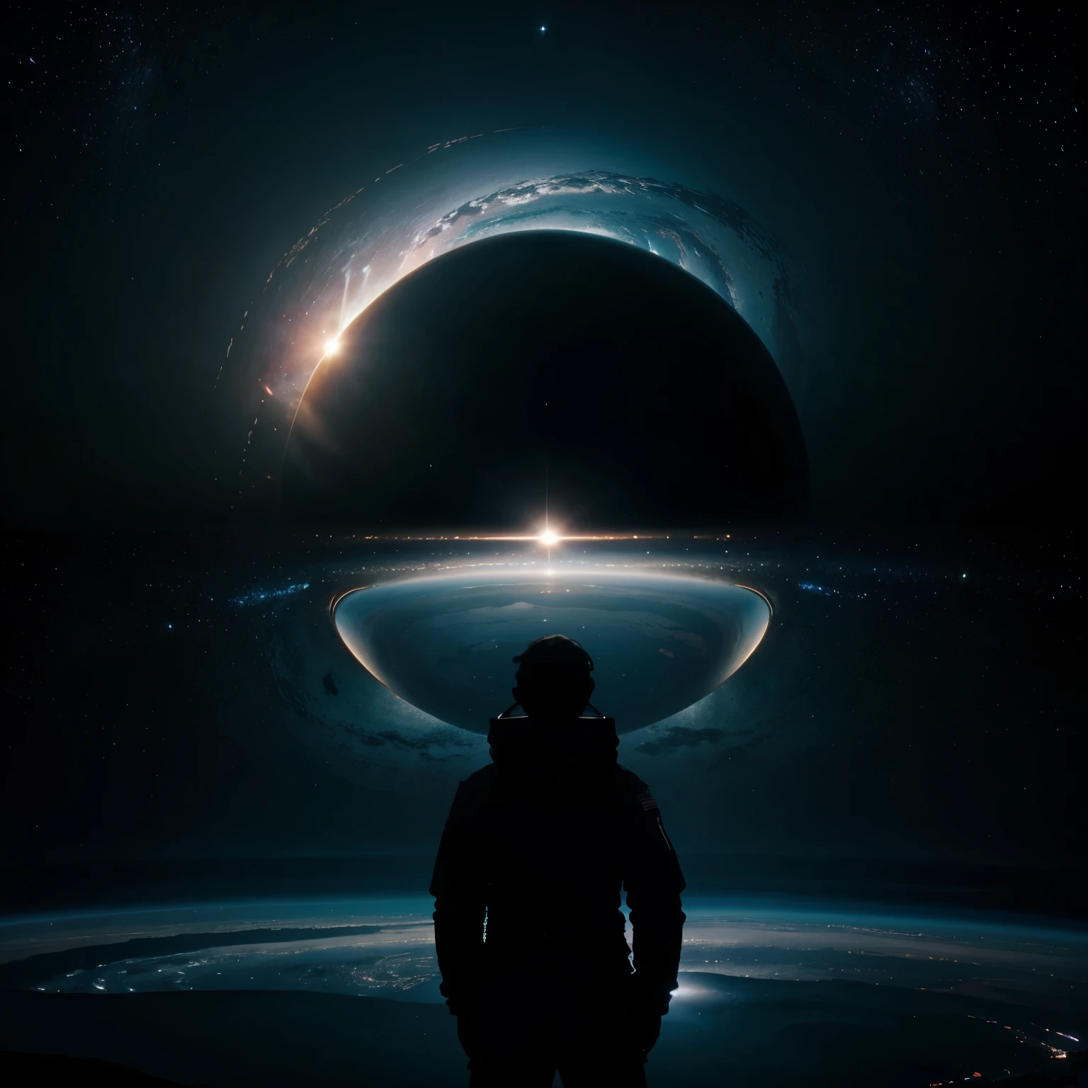 Create a galaxy with a astronaut watching black hole in the Horizon