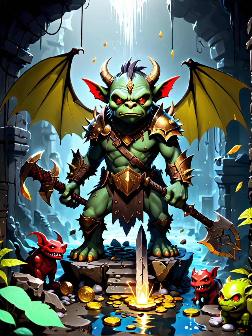 ((dragon's underground lair)),((Full of treasures in the dark and damp、bones and weapons)),low-light,shadow,weird lights,huge bat-like folding wings,horned,scaly,Reptilian,sparkling eyes gaze,Sword and Ax Collection,Chest full of gold coins and gems,Pool of water and minerals,(fog),surrounded by net,(Warning tape),Featuring goblins equipped with armor and weapons,Orc and Troll Guards,(Threat exists),Extremely detailed settings, graffiti in the style of Keith Haring,sharpie illustration, Bold lines and solid colors, Simple details, minimalist,\(qline\)