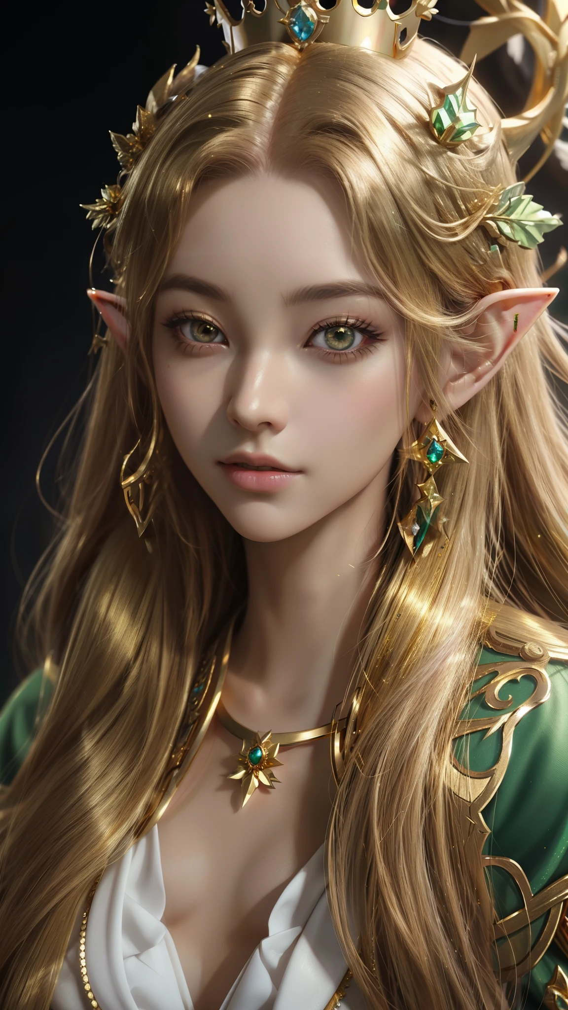 a close up of a woman with a gold crown on her head, she has elf ears and gold eyes, beautiful character painting, cinematic goddess close shot, hyper realistic anime, 3 d anime realistic, anime realism style, 8k artgerm bokeh, stunning anime face portrait, elven character with smirk, realistic anime 3 d style, anime realism
