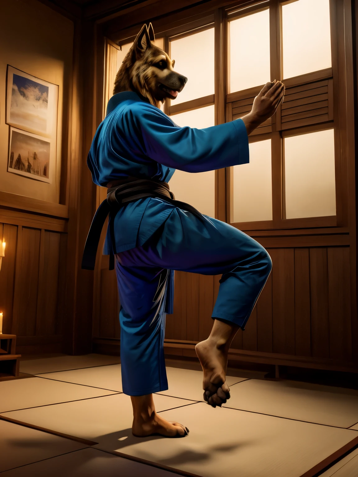 Barefoot Smirnov wearing dark blue karate kimono with 5th dan black belt, long karate kimono pants, training karate in dojo, solo, performing kick, standing on one leg, second leg rised up in a high kick, detailed nice big dog feet paws with claws and pawpads, in a trance, green glow in his eyes, brainwashed look. high resolution, anatomically correct, evening sky outside the window, dim candles light inside, asian looking decorations