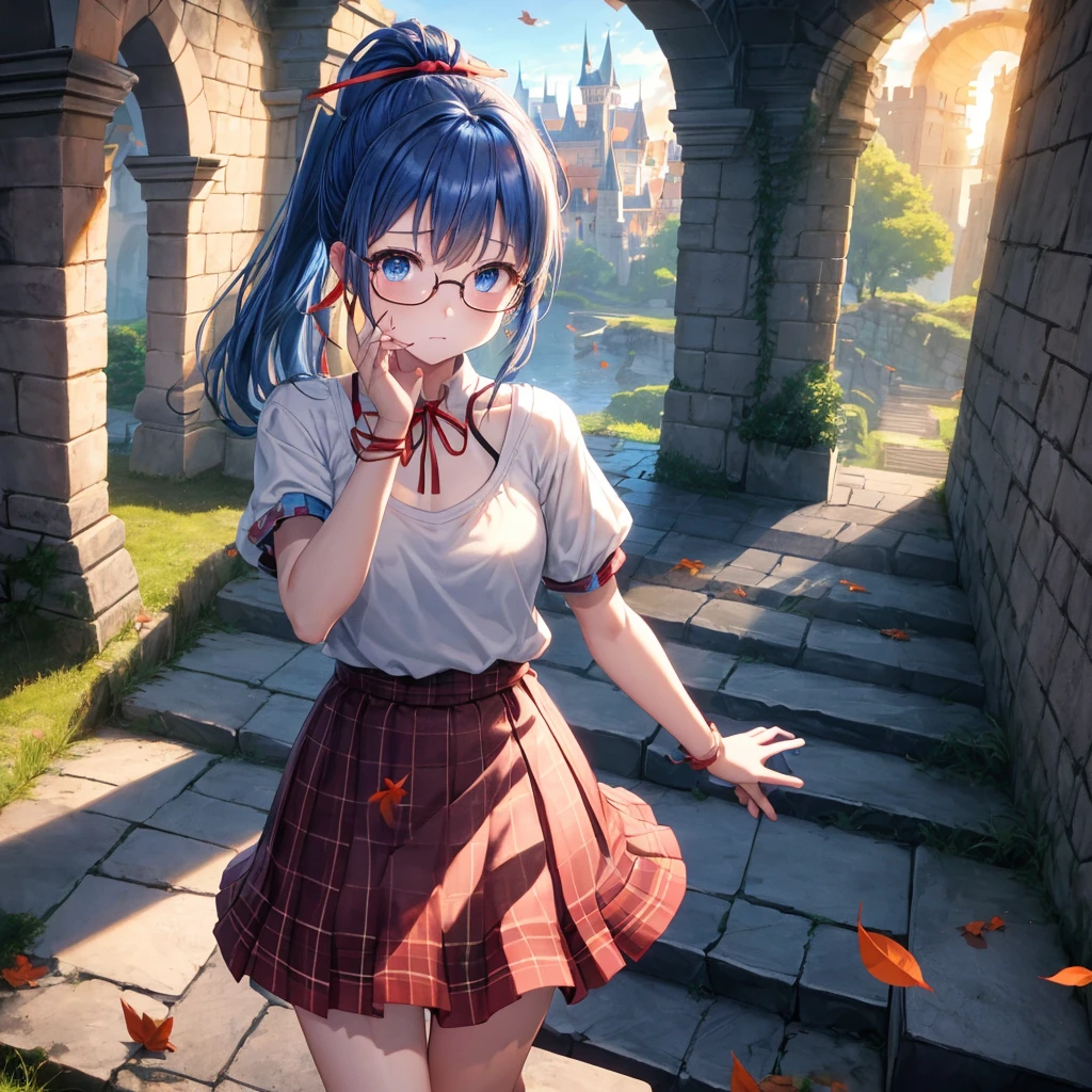reddish-brown blonde、blue hair、blue eyes、ponytail、one good looking girl、solo、anime、Plaid miniskirt、camisole、black t-shirt、Tilting your face、Doing the ribbon、Ribbon at waist、sunset sky、broken stone steps、Remains、tunnel、Fallen leaves、wearing glasses、Light and shadow、monster castle、corridor、One leg is raised、pinwheel、castle floating in the air、column、Jewelry box、flag、dust is flying、forest