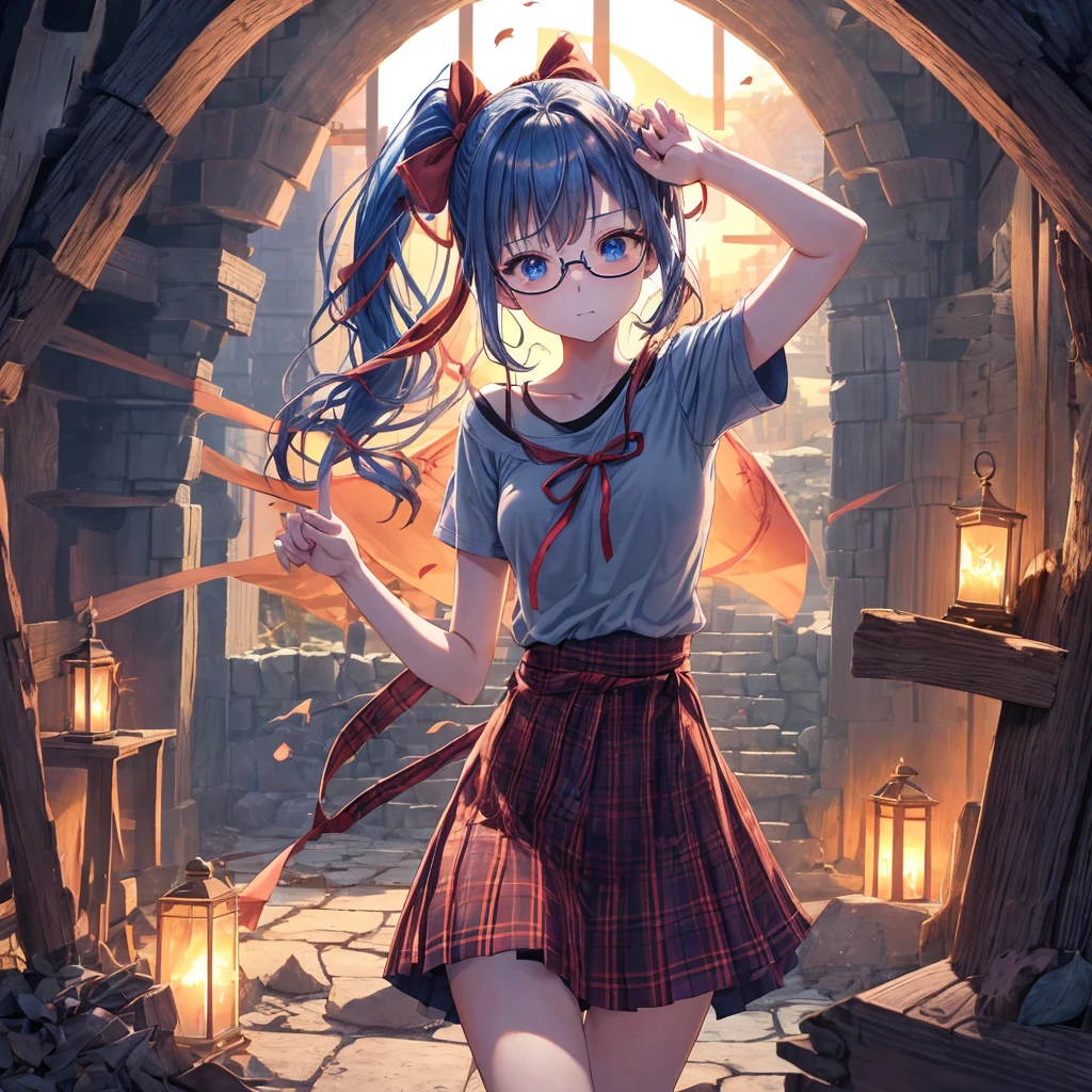 reddish-brown blonde、blue hair、blue eyes、ponytail、one good looking girl、solo、anime、Plaid miniskirt、camisole、black t-shirt、Tilting your face、Doing the ribbon、Ribbon at waist、sunset sky、broken stone steps、Remains、tunnel、Fallen leaves、wearing glasses、Light and shadow、monster castle、corridor、One leg is raised、pinwheel、castle floating in the air、column、Jewelry box、flag、dust is flying、forest