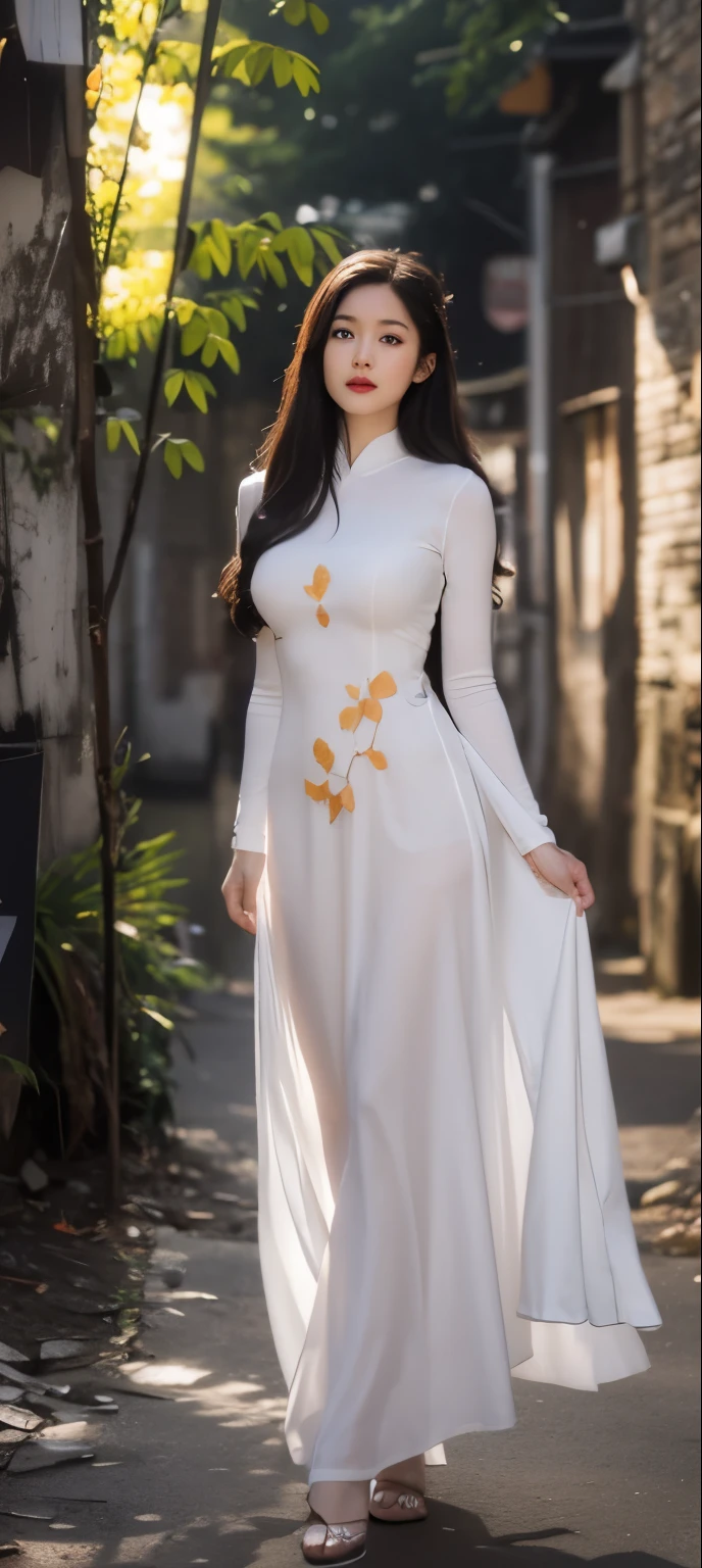 Best quality,masterpiece,ultra high res,(photorealistic:1.4),1 girl, solo,young and beautiful girl , 20 years old , long hair , wearing white Ao Dai , full body portrait , artistic style , bright light , posing on the streets of Paris , Taken with a Canon EOS 5D Mark IV, with the exposure adjusted to soften the light