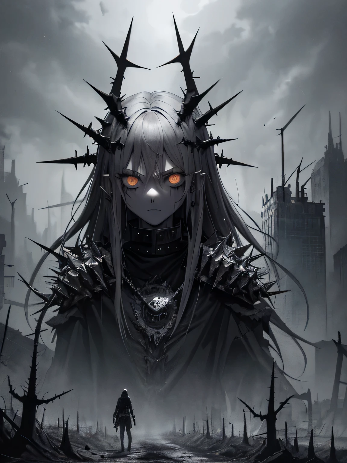 ((horror art)), ((dark art)), gloomy goddess, Dark Deity, gray skin, Metal leather, Steel Leather, gray pointed crown, long sharp thorns, empty look, Grey Eye, black empty eye, short gray hair, high gray collar, (gray and black long clothes), metal staff, tall massive metal spikes, sticking out of the ground, gray steel waste, gray steel wastes, dark post-apocalyptic background, grey sky, very detailed art, (very detailed background)