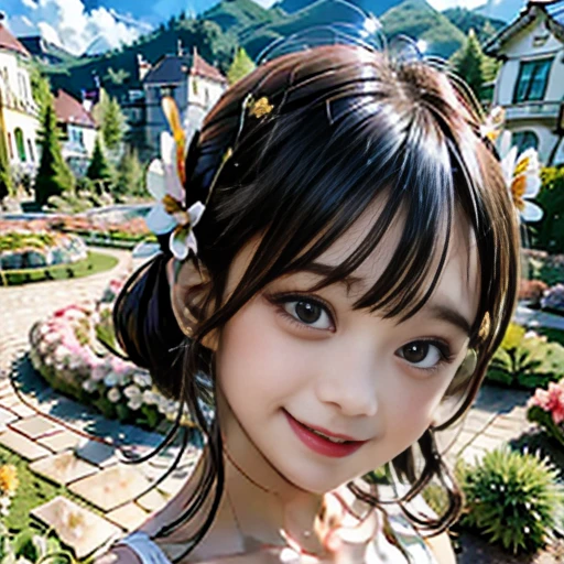 1 girl, 10 talents, black hair, dynamic angle, Photorealistic backgrounds, cloud and mountain, (flower garden:1.4) In the foreground, white dress, light trace, (floating colorful wind:1) (realistic:1.4), unity 8k wallpaper, Super detailed, beautiful and aesthetic, masterpiece,highest quality, glowing skin, shining hair, cinematic lighting, light smile, detailed beautiful face, cute face, Beautiful style from the chest up