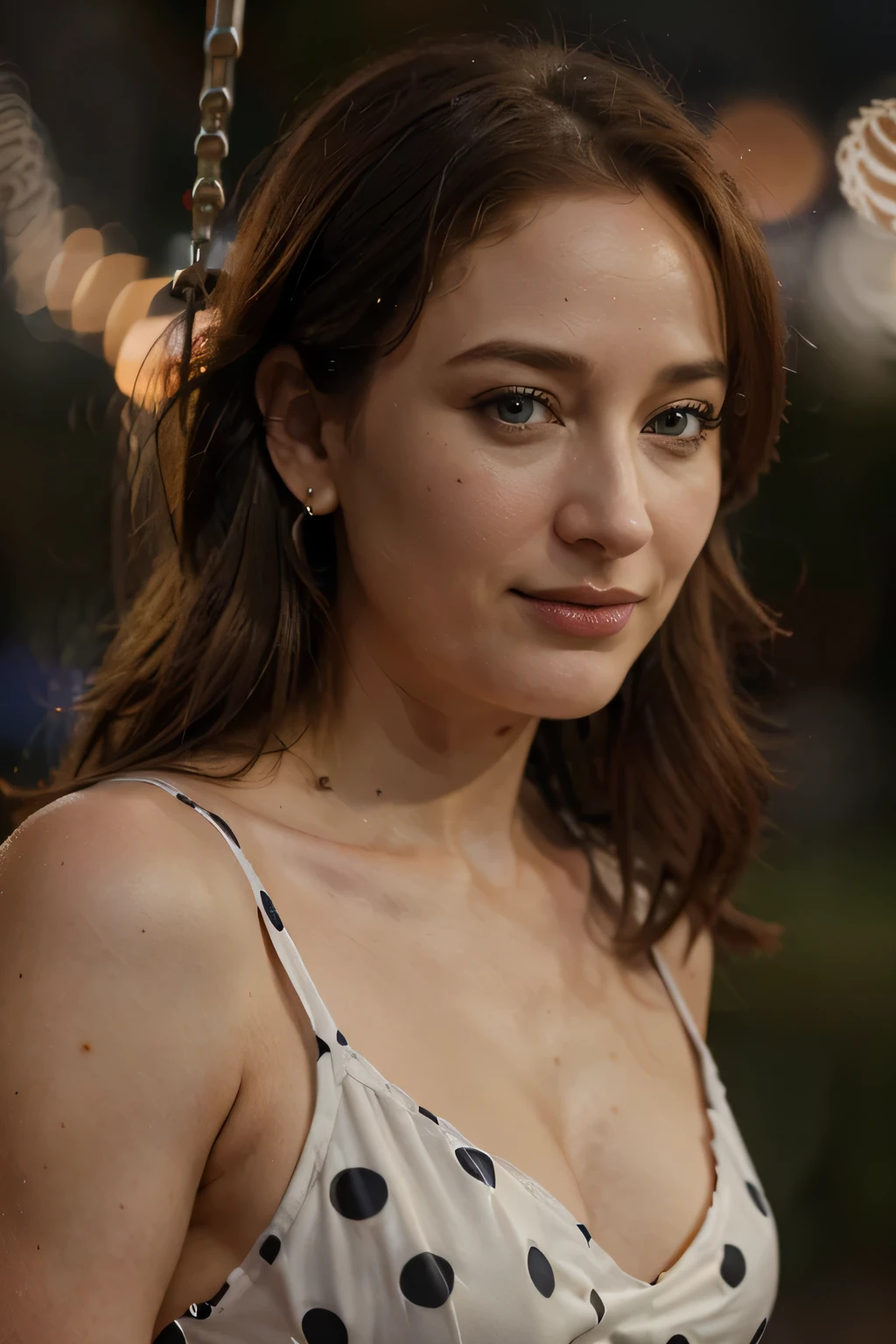 ((Jennifer Ehle)), (realistic, photo-realistic:1.37), (masterpiece), (best quality:1.4), (ultra high res:1.2),(RAW photo:1.2), (sharp focus:1.3), (face focus:1.2), vibrant details, hyperrealistic, elegant, (1 woman, solo), french twist, bangs amethyst hair, blue eyes,, longeyelashes,eyeshadow,eyeliner,earrings, (smile), ((Clothes: A polka dot swing dress with a sweetheart neckline.):1.37), BREAK simple background, ((night,bokeh):1.37),