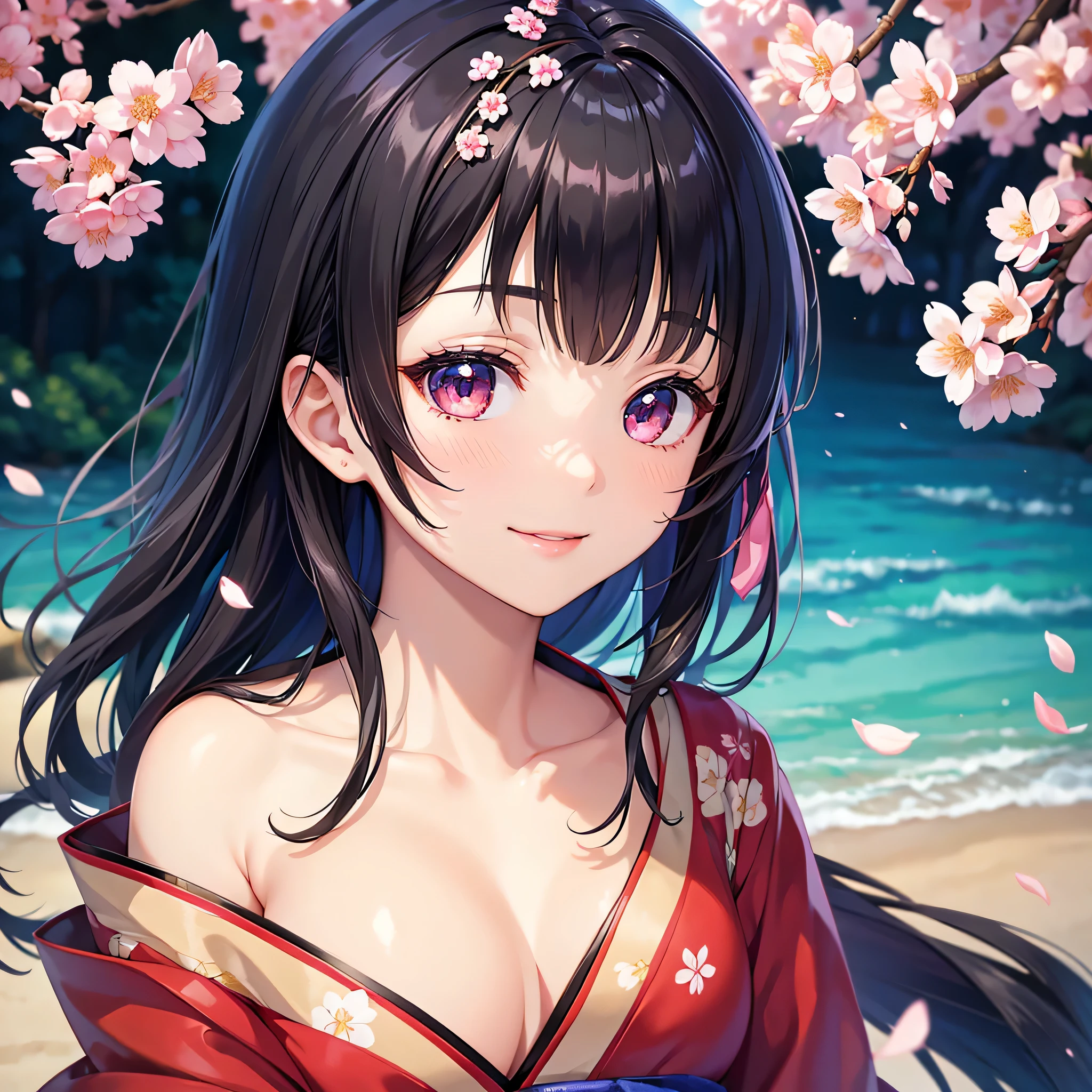 (Super beautiful woman in kimono)、((highest quality、8K masterpiece:1.3))、sharp focus:1.2、(super beautiful face:1.0)、(shiny skin:1.0)、realistic pictures、black hair、video writing、High resolution eyes and face、video writing、japanese actress、from the front、Medium chest、with a happy smile、The beauty of slender abs、whole body、wearing a kimono、cherry blossom in full bloom、luxury obi
