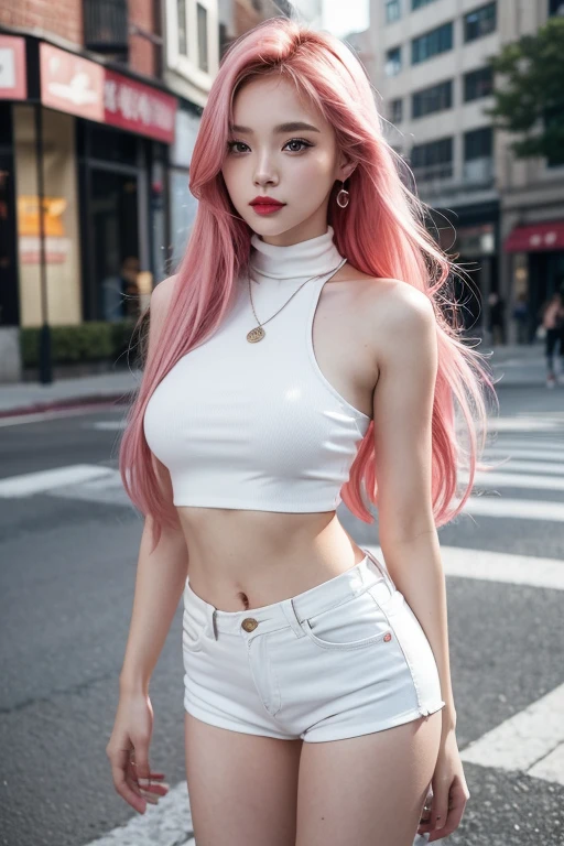Beautiful girl college student,masterpiece,Light makeup,red lips,pink hair,messy long hair,street background,beautiful,grace。Super fine detail,work,Authentic texture,Realistic movie lighting,nsfw,8k,HD,Exquisite facial features,White skinny turtleneck top,White skinny shorts,slim figure,big bright eyes,,earring,necklace,Tattoos are