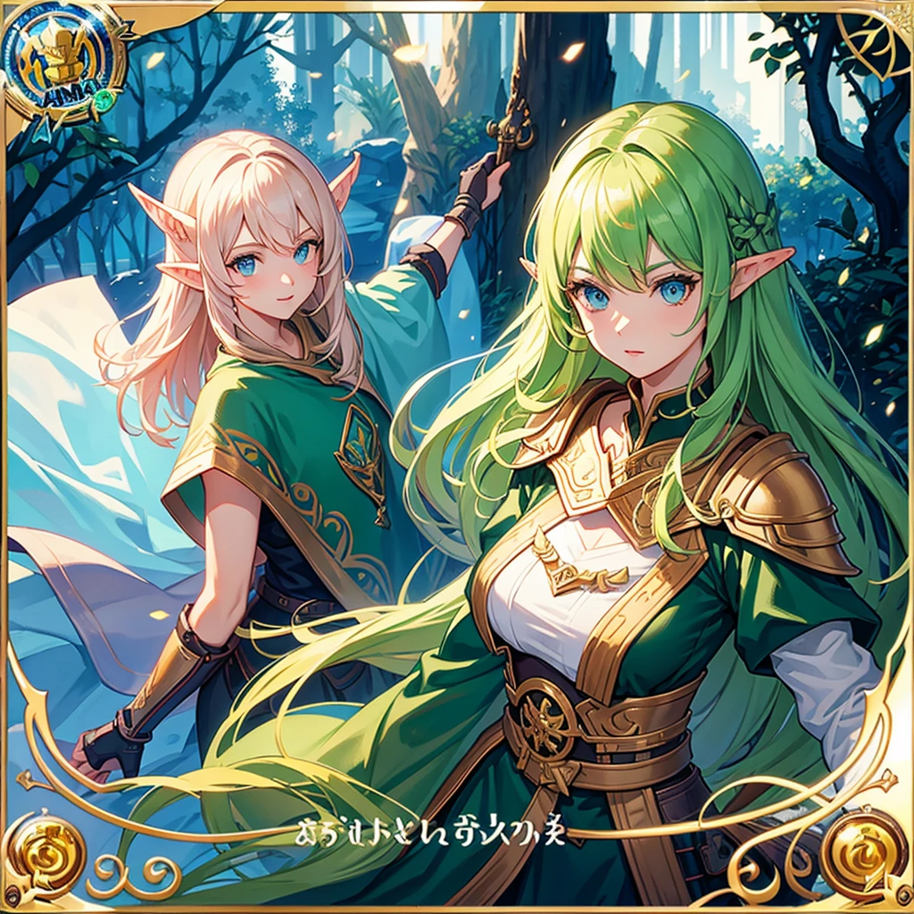 1 Female, Reference Sheet, Matching outfits, (Fantasy Character Design, front, return, ~ side, rear) Elf Ranger. Agile body、((Bird companion))、(whole body)、(brown),(Dark Elf)、 Mid-chest. Forest green eyes. Long, flowing golden hair, ponytail, Natural ornaments. Lightweight leather armor, elven armor, Arrow tube.bow