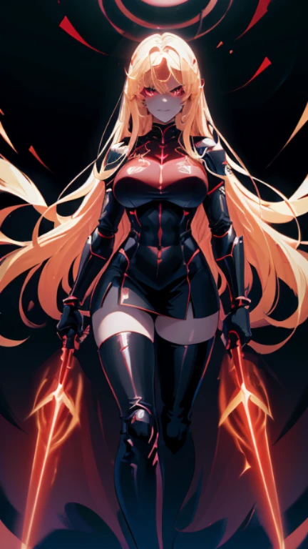 (Armed curvaceous and strong muscular warlord woman), (evil look), ((voluminous wavy blonde hair)), glowing red eyes, ((On her chest is a high-tech glowing dark red star)), sophisticated details, (Sleek, high-tech and futuristic wearing black:70 and dark red:90 Sophisticated armor with tactical skirt), highly weaponized, ((Sideways intimidating pose)), ((standing sideways on a spaceship)), (holographic numbers、symbol、surrounded by stars。), 最high quality, Sharp and clear line drawings, high quality, 8K professional images
