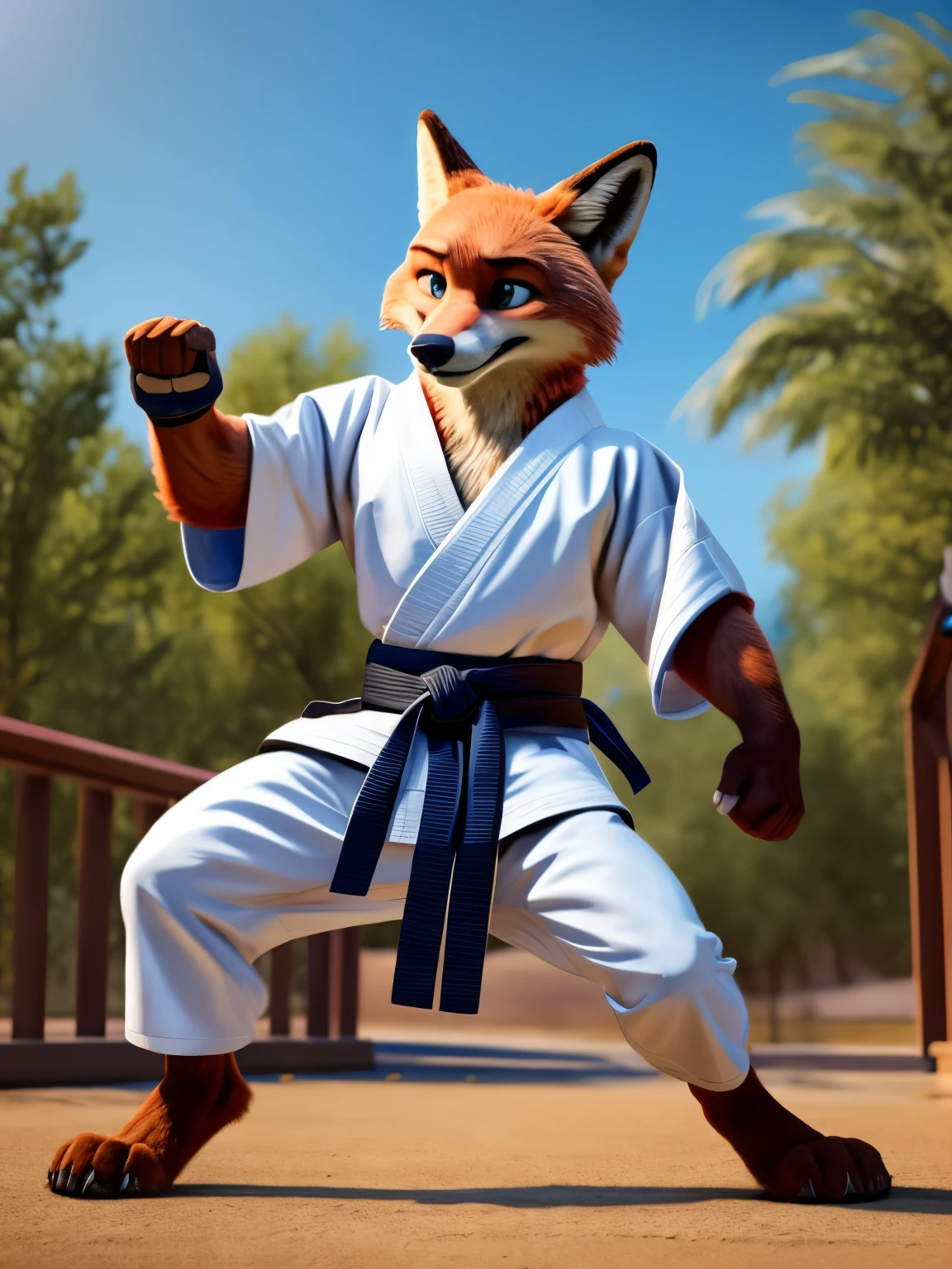 full body picture, full figure image, masterpiece, best quality, soft light, bokeh, real shadow, cinematic, high resolution, Barefoot Nick Wilde wearing dark blue karate kimono with 5th dan black belt, long karate kimono pants, training karate in gym of police department, solo, performing kick, standing on one leg, second leg rised up in a high kick, detailed nice big dog feet paws with claws and pawpads.  a fox male, martial art pose, fighter pose, fight pose, in a fighting pose, heroic muay thai stance pose, fighting stance, kung-fu stance, in fighter poses, high kick, karate pose, in a fighting stance, fighting pose, fighting posture, kickboxer fighter, full body action pose, anatomically correct, digital art style, photoreal, visible feet, nice big paws with pawpads