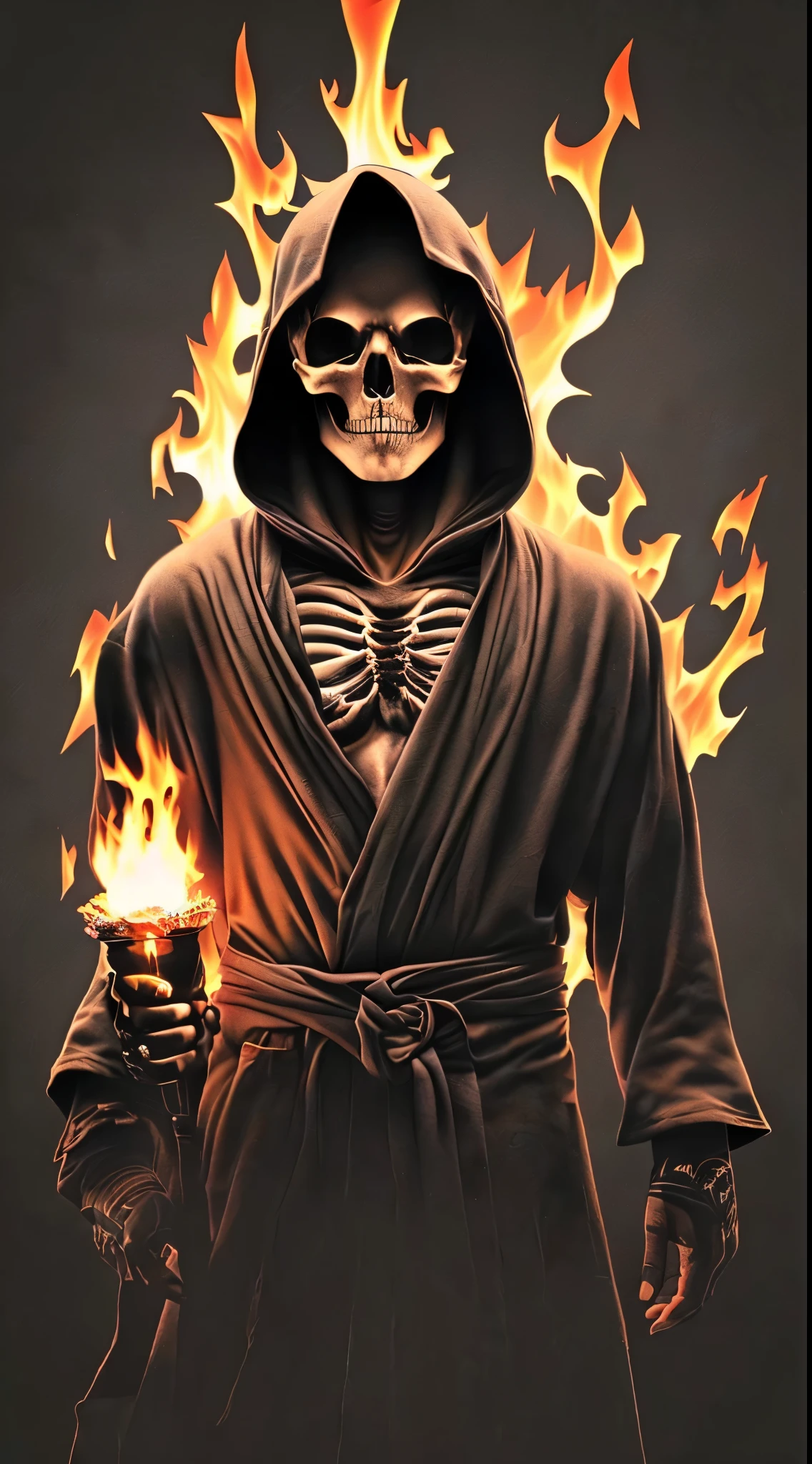 hood, skull, skeleton, solo, 1boy, male focus, fire, robe, hood up, cloak, upper body, copyright name, black background,skull face,skull tattoo on facezdeath,soul,soul reaper , holding a syth,syth welder