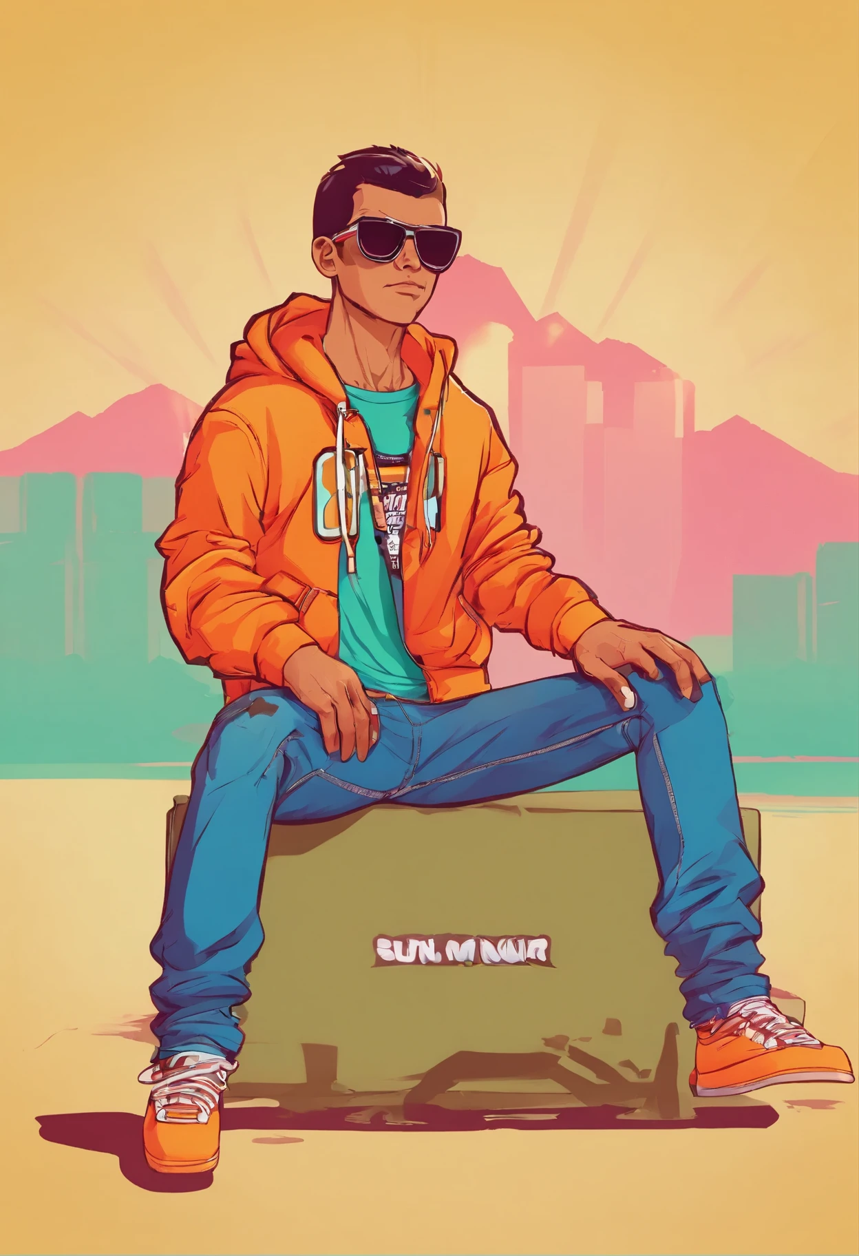 Masterpiece, , skinny, Best Quality, suntanned skin, looking a viewer, sports clothing, jeans, sitting, bare footed, Simple background with logo, From Bottom, Sunglasses,