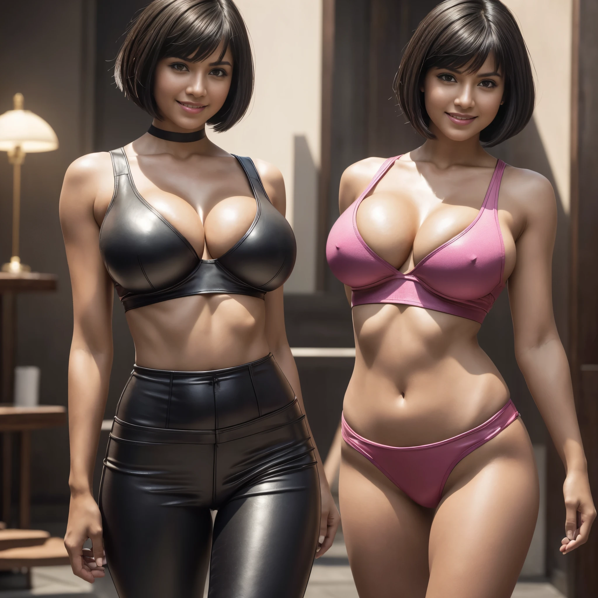 Isabela Merced dressed as dora in tight leather pants and pink tank top, bob_cut hair, (big breasts:1.5), naughty, smiling, Real Life, full bodyshot, Ultra Realistic, Photorealism, Photography, 8K UHD, Photo, HDR, Complex and Elegant, Highly Detailed, Sharp Focus, Stunning, Beautiful, Gorgeous), (Masterpiece: 1.2, Best Quality 1:1, Ultra Detail: 1.2, Best Shadows, 8k: 1.1), (beautiful detailed face), high contrast, (perfect lighting: 1.2), (cinematic light)), colorful, hyper-detail, dramatic light, intricate detail, photograph by arny freytag