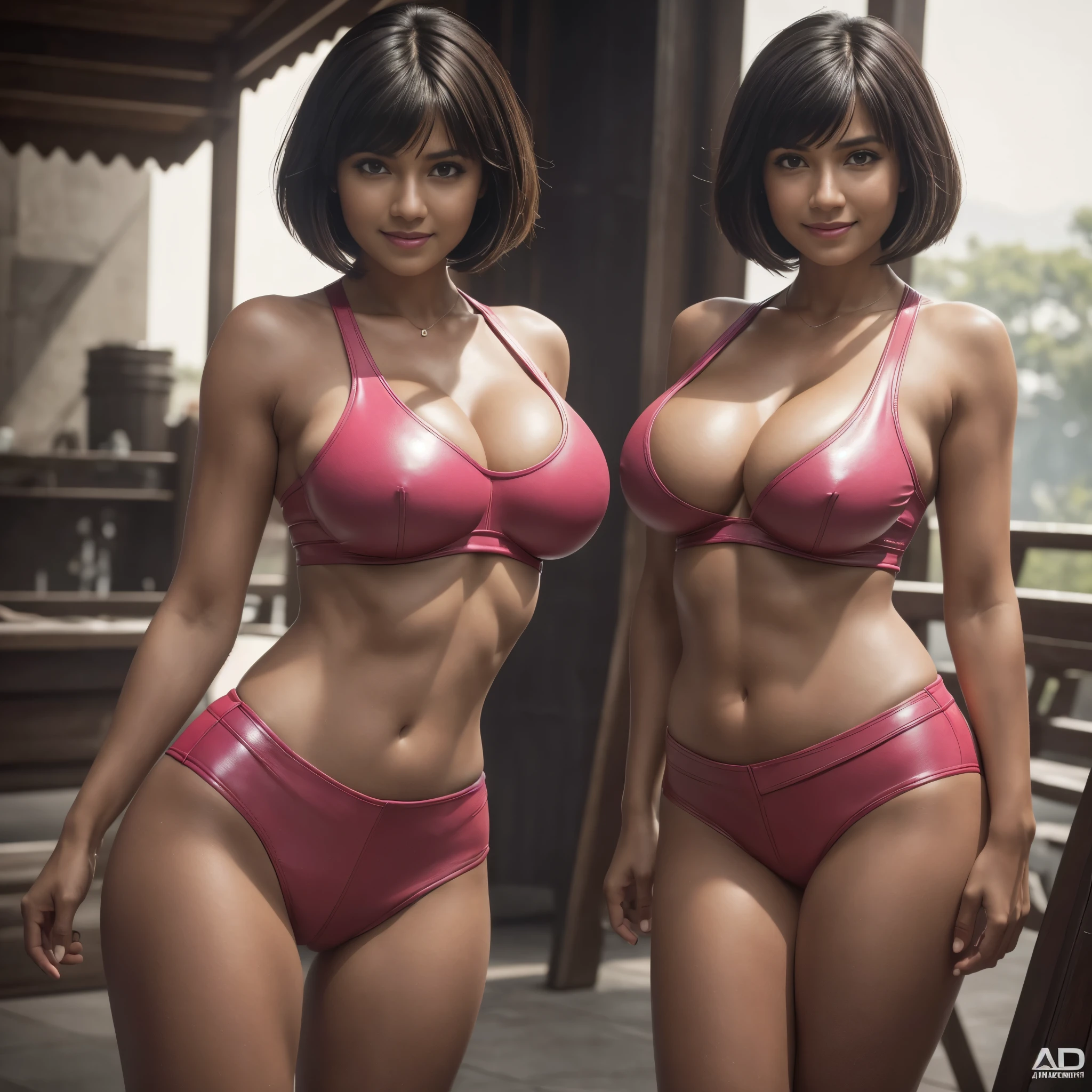 Isabela Merced dressed as dora in tight leather pants and pink tank top, bob_cut hair, (big breasts:1.5), naughty, smiling, Real Life, full bodyshot, Ultra Realistic, Photorealism, Photography, 8K UHD, Photo, HDR, Complex and Elegant, Highly Detailed, Sharp Focus, Stunning, Beautiful, Gorgeous), (Masterpiece: 1.2, Best Quality 1:1, Ultra Detail: 1.2, Best Shadows, 8k: 1.1), (beautiful detailed face), high contrast, (perfect lighting: 1.2), (cinematic light)), colorful, hyper-detail, dramatic light, intricate detail, photograph by arny freytag