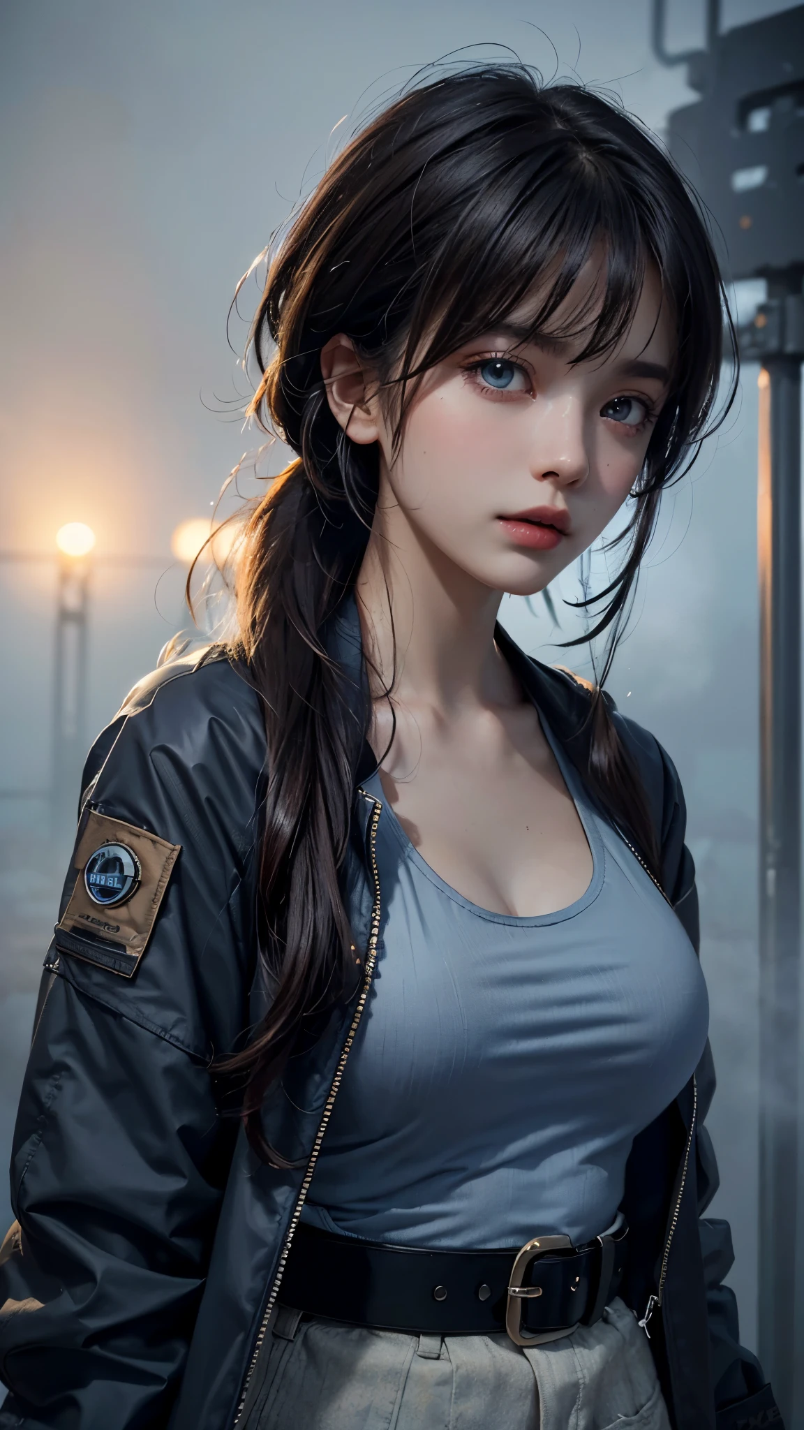 (UHD, retina, masterpiece, accurate, anatomically_correct, textured_skin, super_detail, high_details, high_quality, best_quality, high_res, 1080P, HD, 4K, 8k, 16k), (beautiful_detailed_eyes, beautiful_detailed_lips, extremely_detailed_eyes_and_face), soft_lighting, physically-based_rendering, vivid_colors, (large_breasts:1.5), (shiny_hair, shiny_skin, tanned_skin, blush), (bangs:1.5), eye_reflection, (science_fiction, station, railway, bokeh), semi-profile_view, (deep_fog, blue_atmosphere, tactical_jacket, tank_top, belt:1.5),