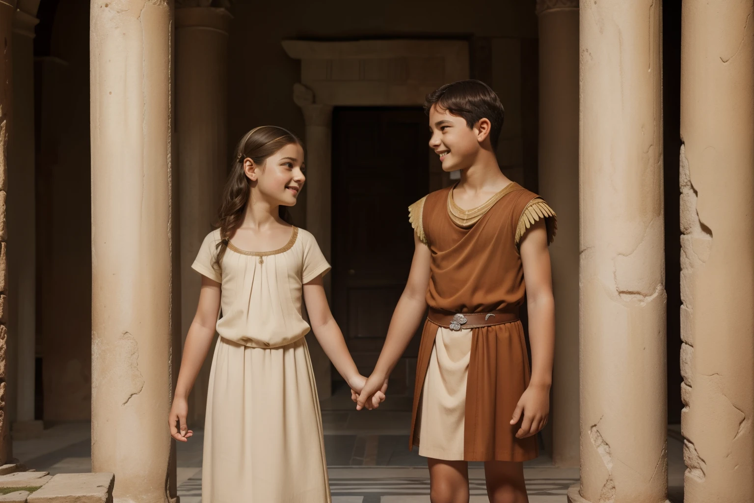 Rome, 77 BC. A young (((()) Julius Caesar)), with ((10-year-old Cornelia)), standing in a solium patio, ((friendly expression)), holding hands. ((((roman clothings from the 1st century BC))))