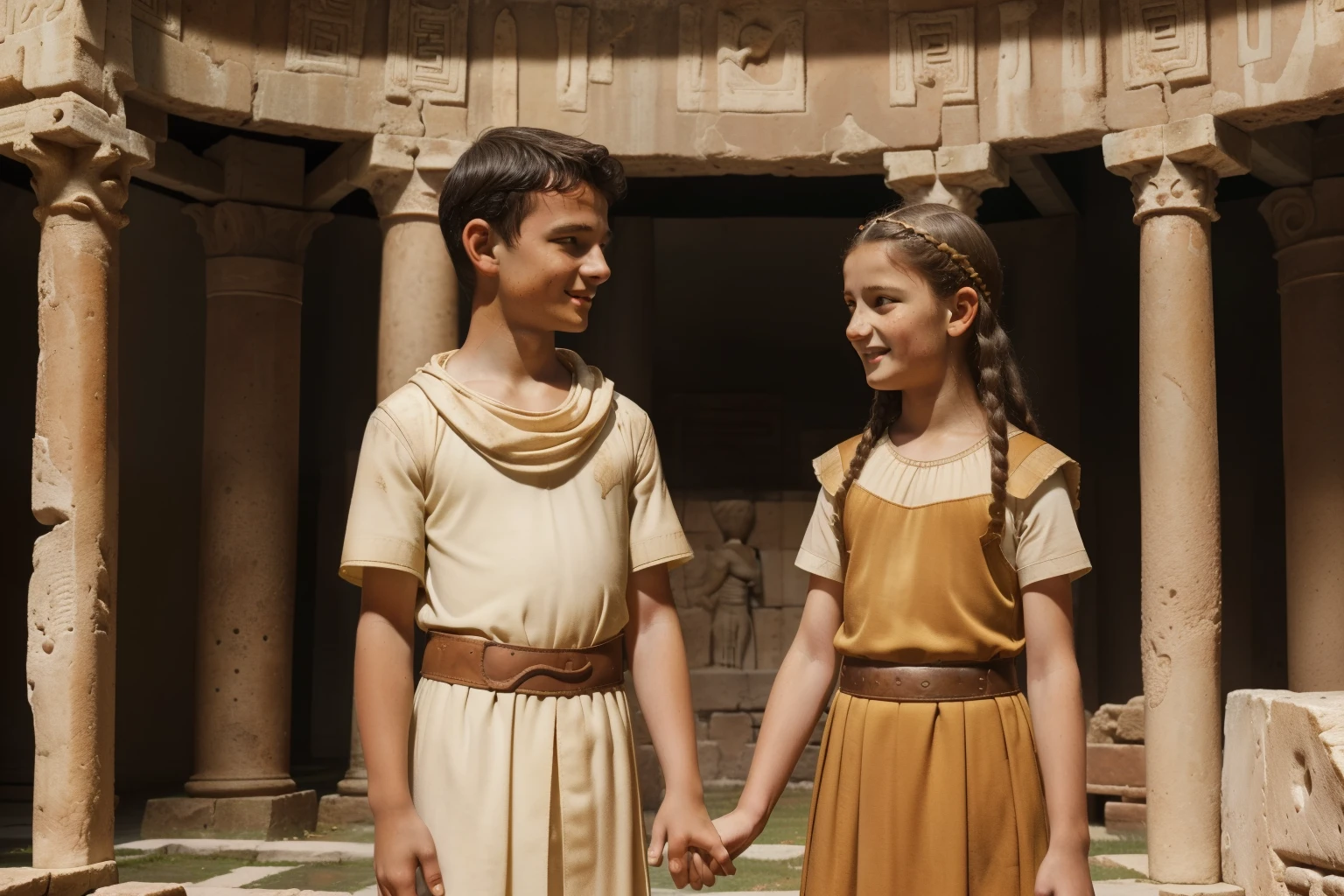 Rome, 77 BC. A young ((((14-year-old)) Julius Caesar)), with ((10-year-old Cornelia)), standing in a solium patio, ((friendly expression)), holding hands. ((((roman clothings from the 1st century BC))))