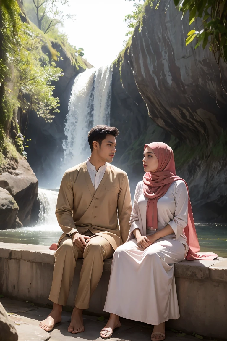 (masutepiece), (Best Quality), Realistic, Photorealism, romantic couple, malay men 30 years old with peci wear elegant muslim cloth,  young malay girl in hijab wearing beautiful muslimah cloth  20 - 23 years old. malay men with beautiful girl with beautiful perfect body, huge breast, together very romantic sitting in stone very next to romantic. location: beautiful tropical waterfall, professional photography, bright lighting, 28mm lens, Establishing shot, deep focus cinematography effect, Natural Lighting, pastel color grading, high quality, ultra detail, 8k resolution,